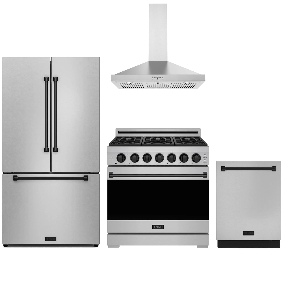 Stainless steel appliance package: refrigerator, gas range, wall hood, and dishwasher