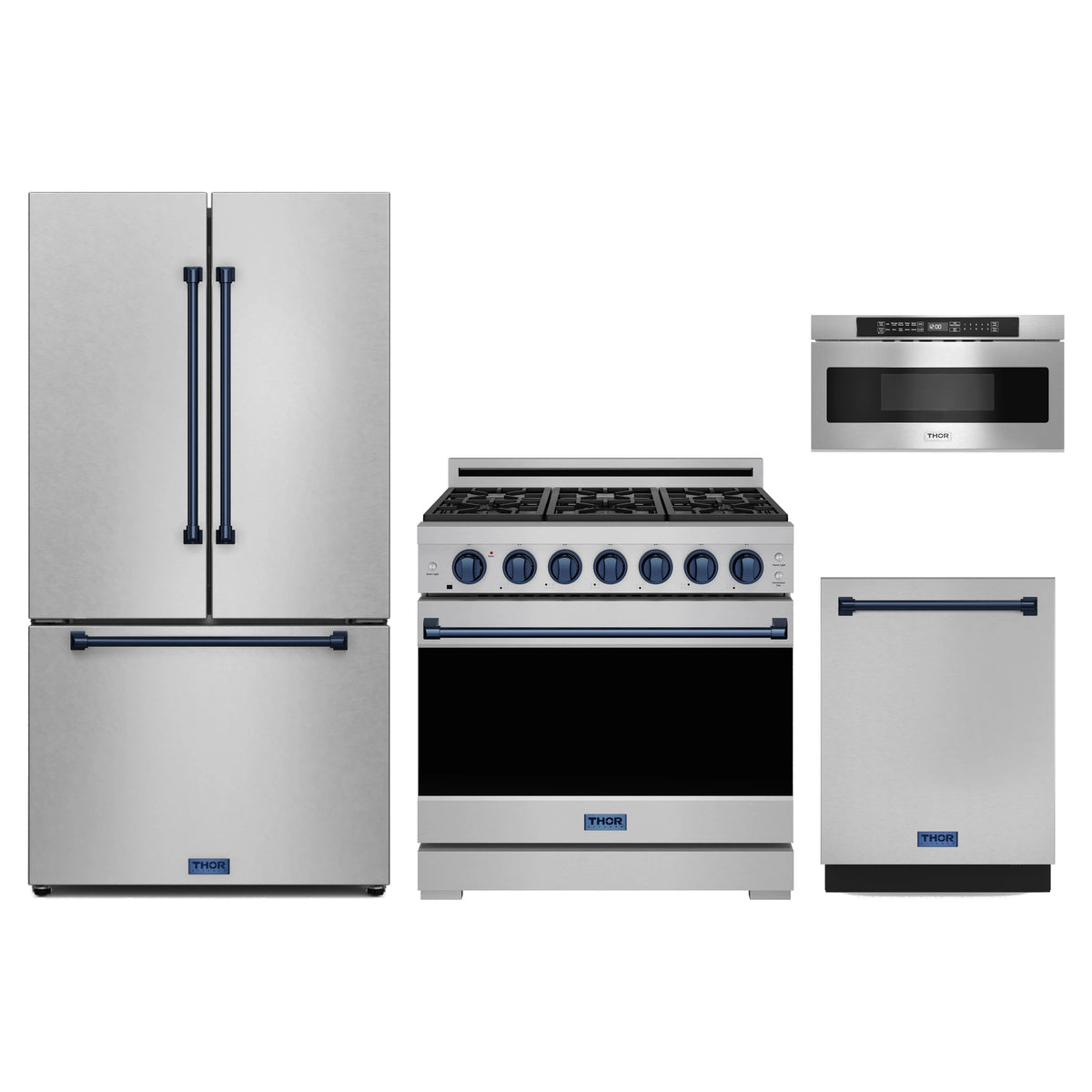 Gordon Ramsay by Thor Kitchen 4-Piece Appliance Package - 36-Inch Natural Gas Range, Counter-Depth Refrigerator, Dishwasher, & Microwave Drawer in Stainless Steel with Blue Trim