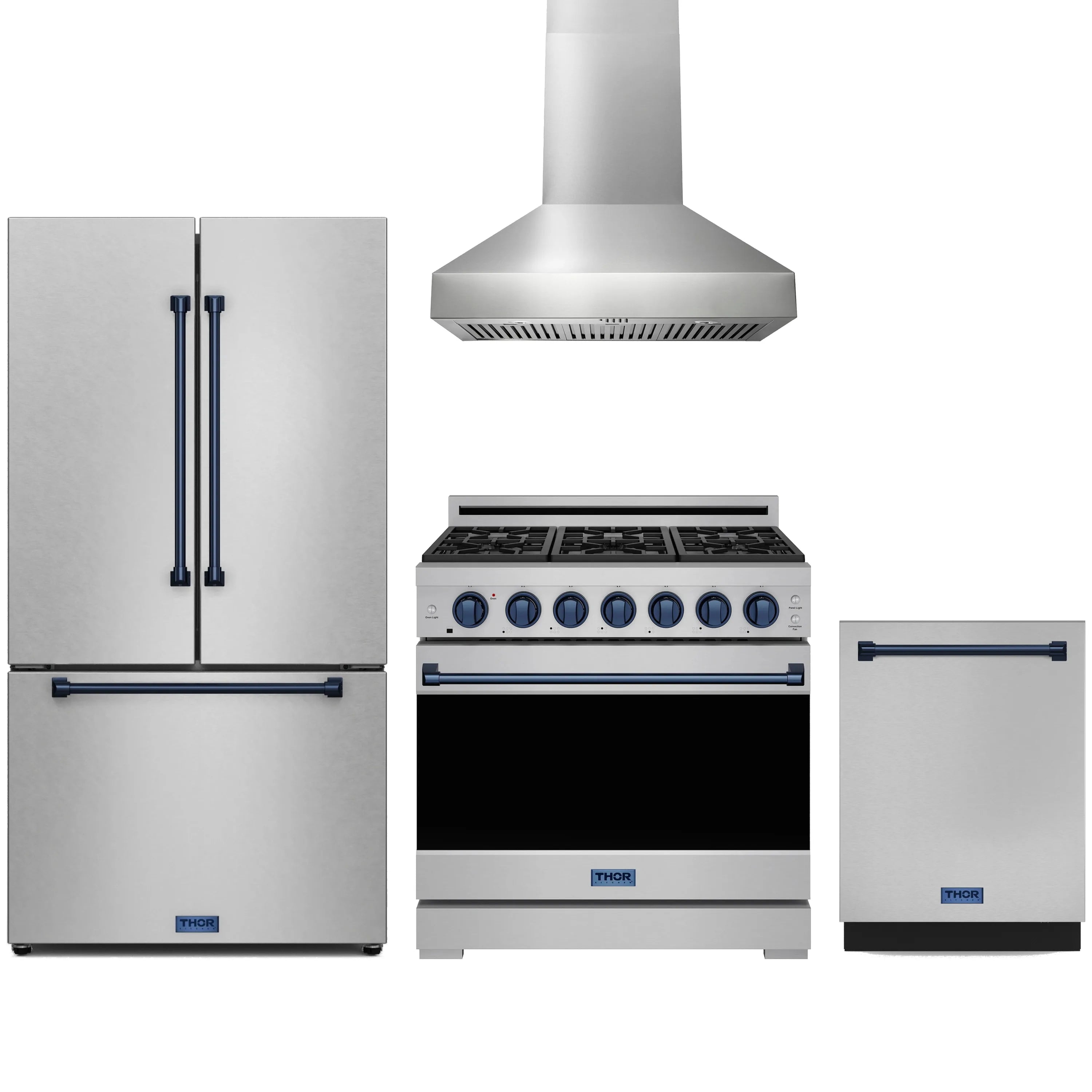 Stainless steel appliance package with gas range, refrigerator, wall hood, and dishwasher