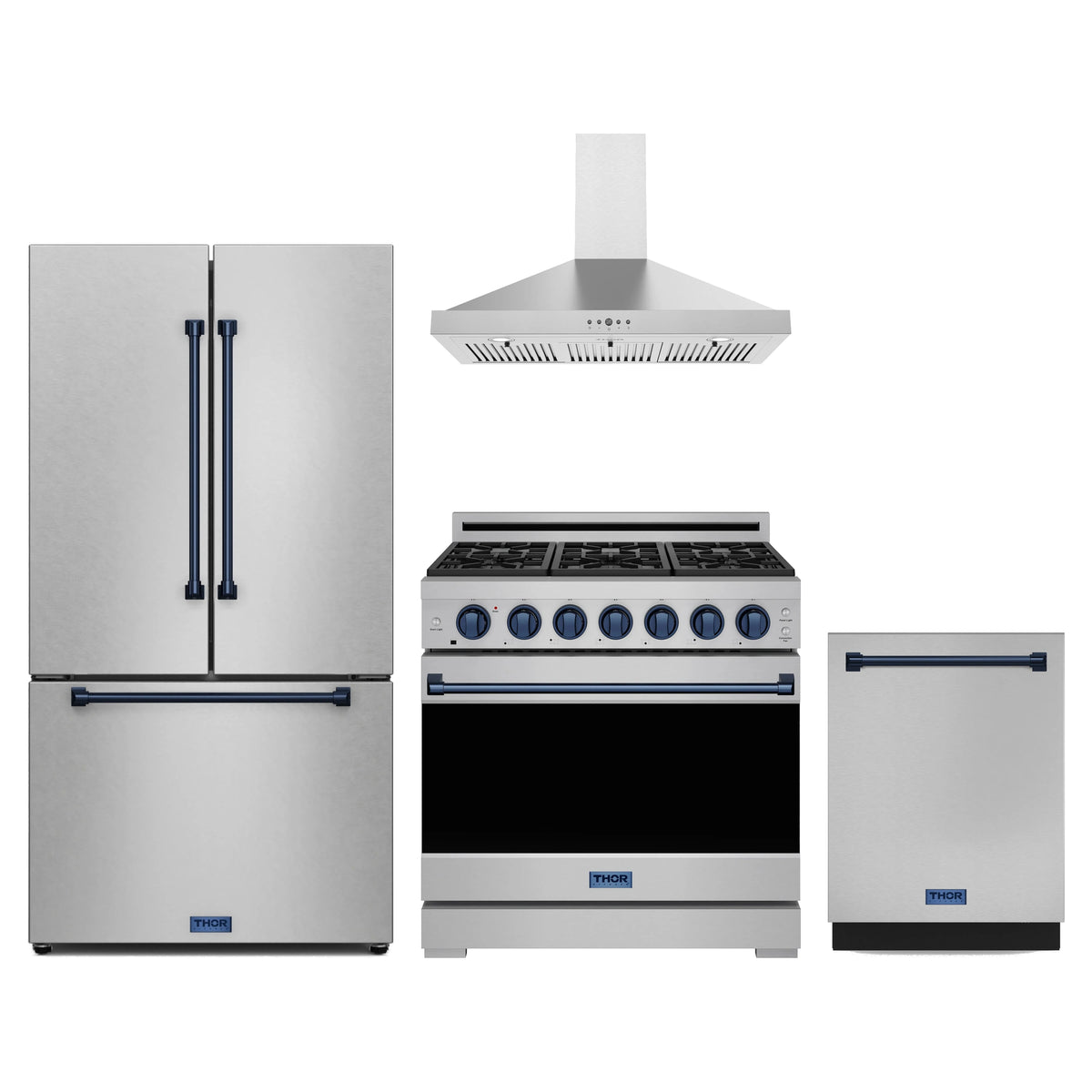 Gordon Ramsay by Thor Kitchen 4-Piece Appliance Package - 36-Inch Natural Gas Range, Counter-Depth Refrigerator, Wall Mount Hood, & Dishwasher in Stainless Steel with Blue Trim
