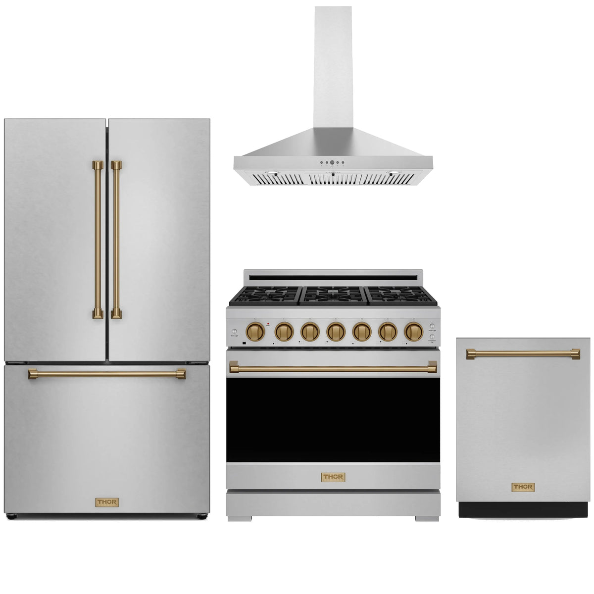 Stainless steel gas range with brass trim, wall hood, and side-by-side appliances bundle