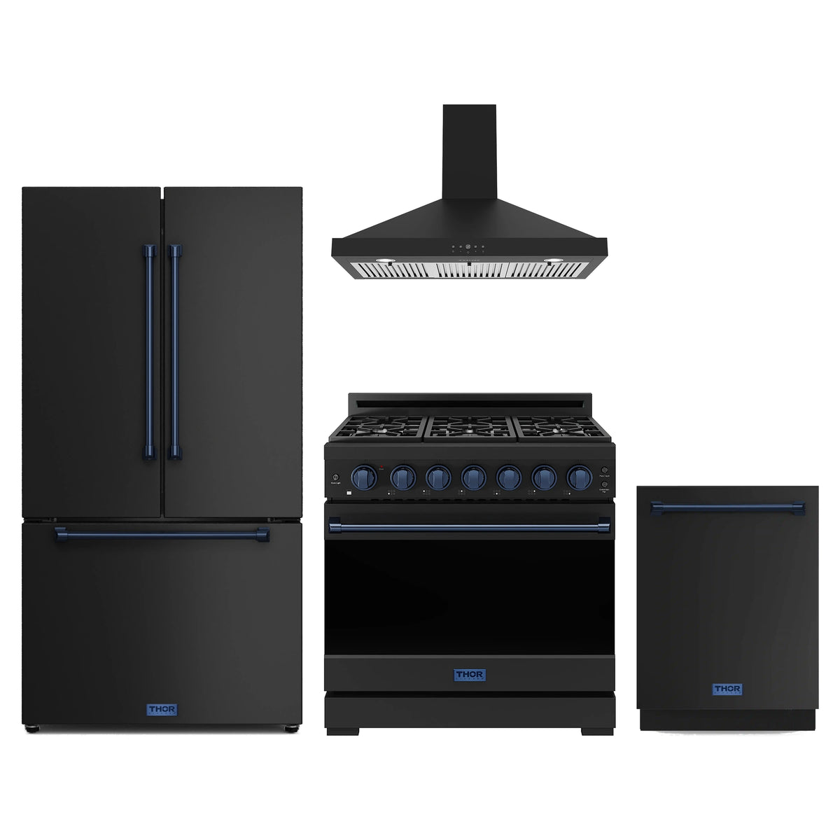 Gordon Ramsay by Thor Kitchen 4-Piece Appliance Package - 36-Inch Propane Gas Range, Counter-Depth Refrigerator, Wall Mount Hood, & Dishwasher in Matte Black with Blue Trim