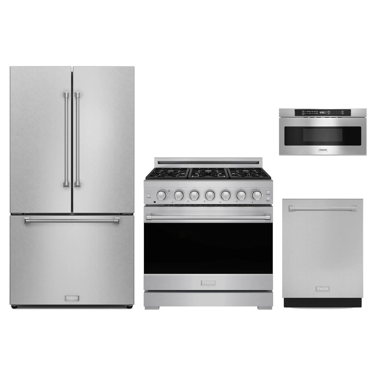 Gordon Ramsay by Thor Kitchen 4-Piece Appliance Package - 36-Inch Propane Gas Range, Counter-Depth Refrigerator, Dishwasher, & Microwave Drawer in Stainless Steel