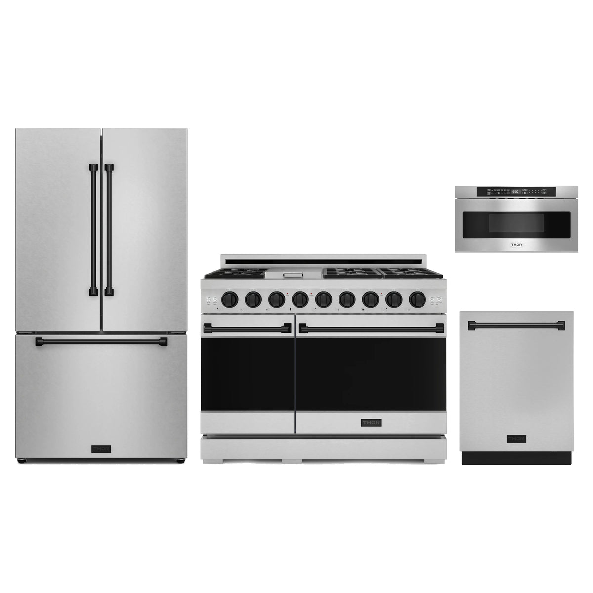 Gordon Ramsay by Thor Kitchen 4-Piece Appliance Package - 48-Inch Natural Gas Range, Counter-Depth Refrigerator, Dishwasher, & Microwave Drawer in Stainless Steel with Black Trim