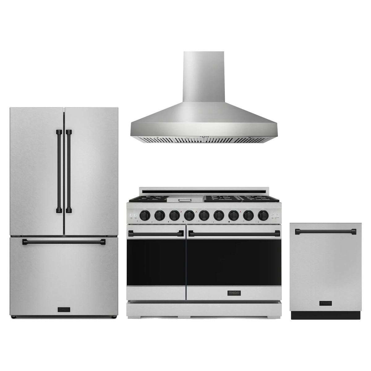 Gordon Ramsay by Thor Kitchen 4-Piece Appliance Package - 48-Inch Natural Gas Range, Wall Mount Range Hood, 36-Inch French Door Refrigerator, and Dishwasher in Stainless Steel with Black Trim