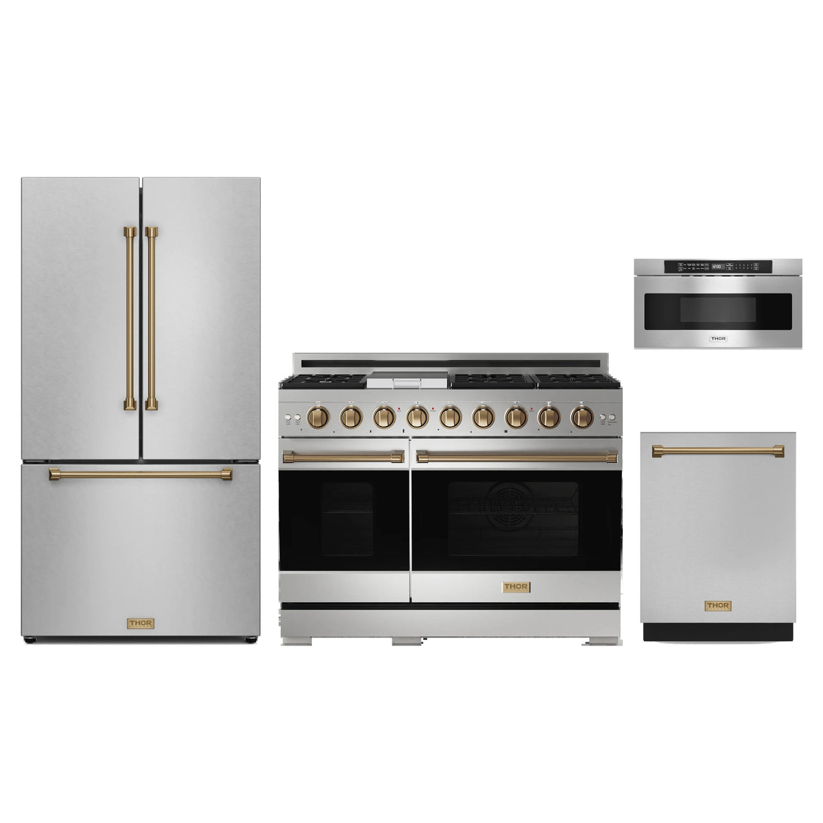 Gordon Ramsay by Thor Kitchen 4-Piece Appliance Package - 48-Inch Natural Gas Range, Counter-Depth Refrigerator, Dishwasher, & Microwave Drawer in Stainless Steel with Bronze Trim