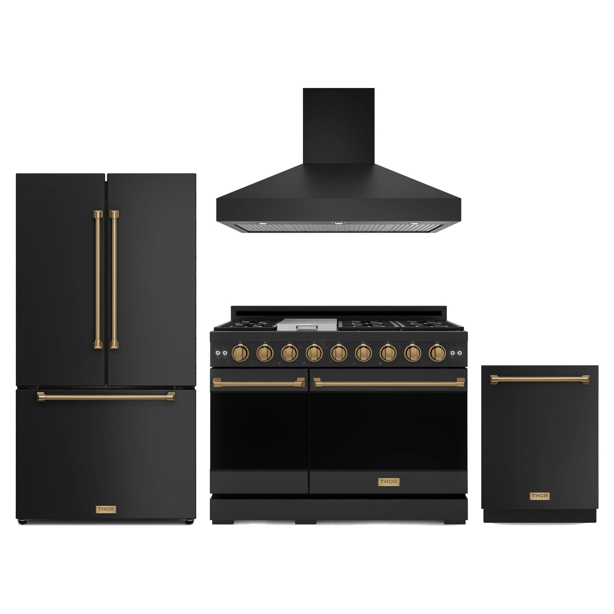 Gordon Ramsay by Thor Kitchen 4-Piece Appliance Package - 48-Inch Natural Gas Range, Wall Mount Range Hood, 36-Inch French Door Refrigerator, and Dishwasher in Matte Black with Bronze Trim