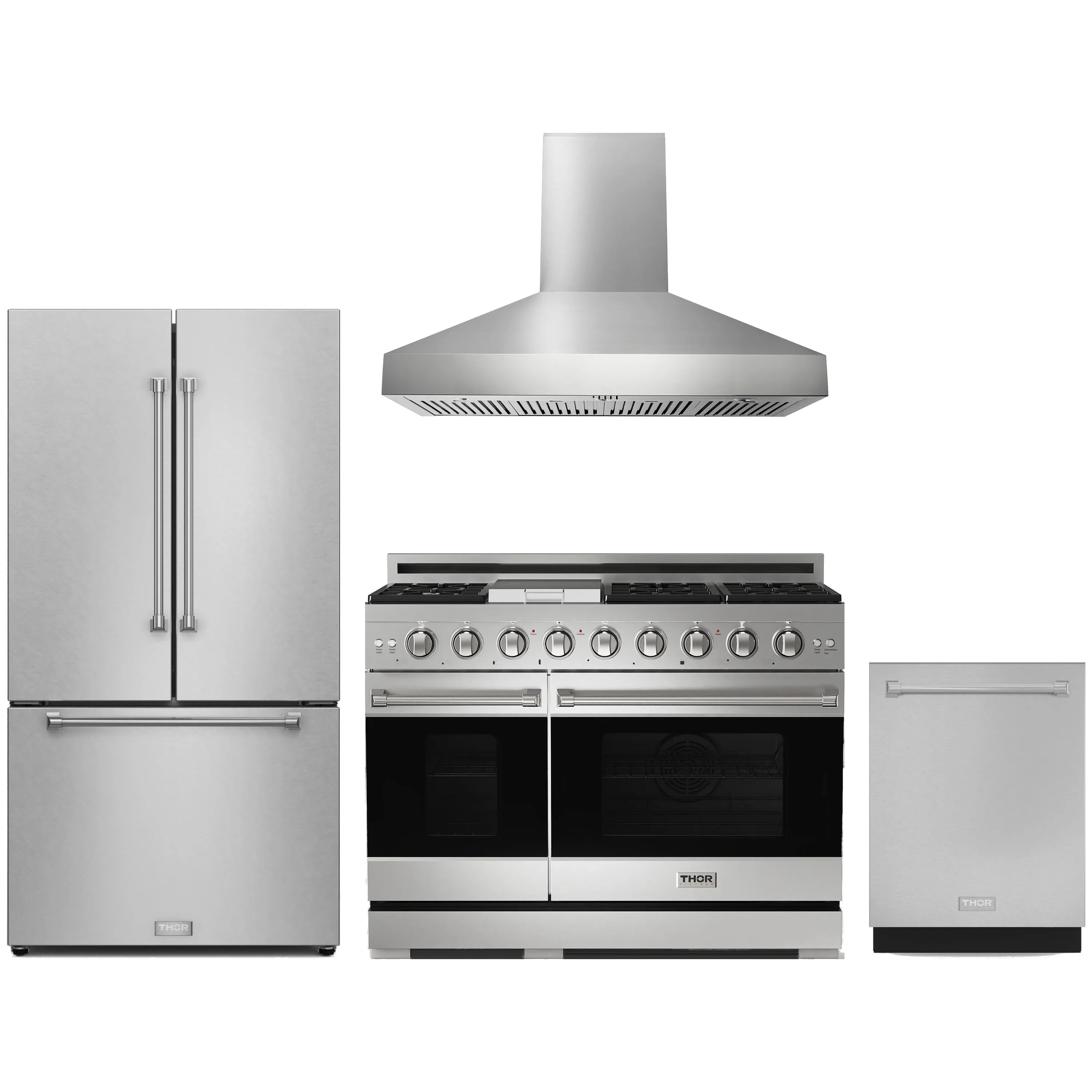 Stainless steel appliance package: range hood, gas range, refrigerator, and dishwasher