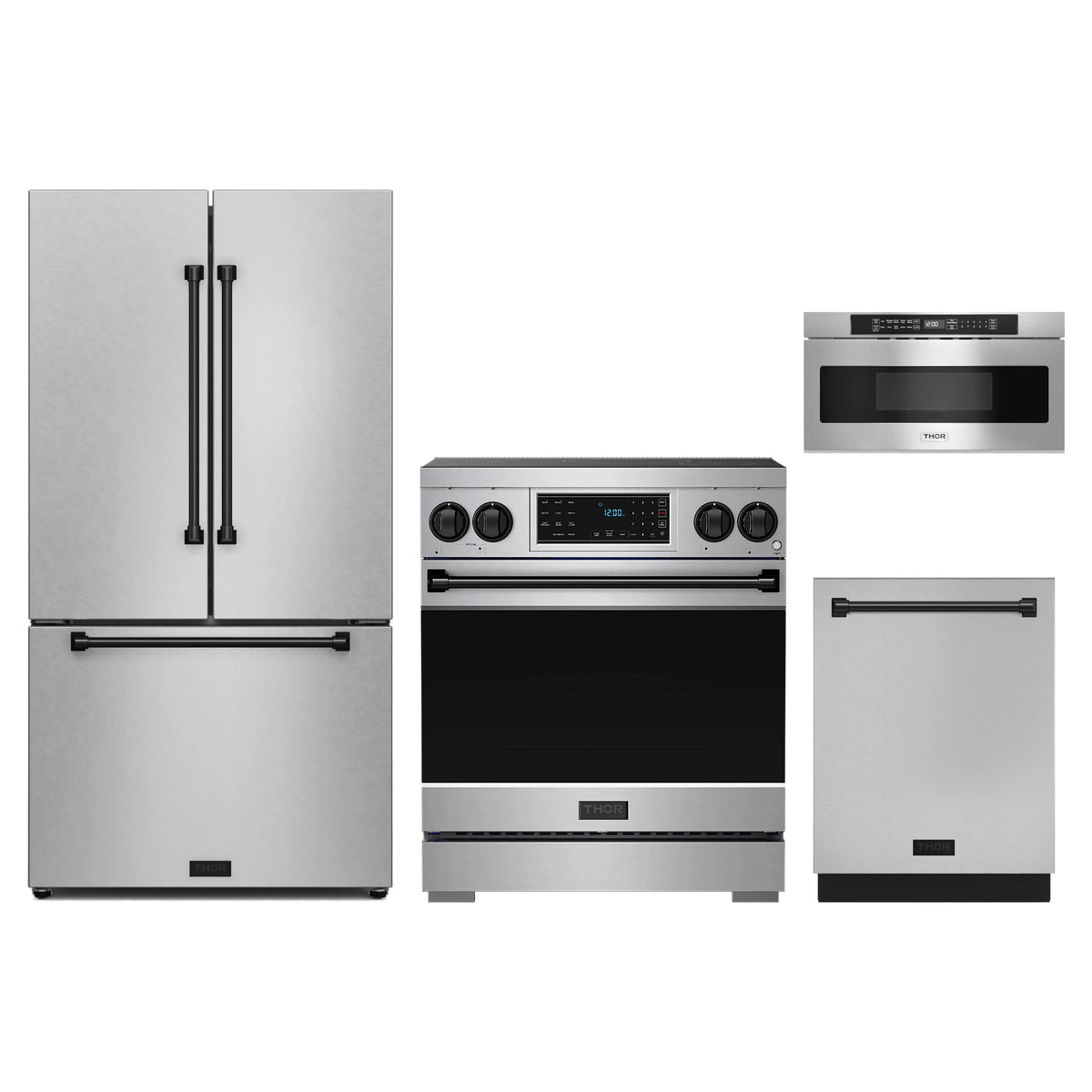 Gordon Ramsay by Thor Kitchen 4-Piece Appliance Package - 30-Inch Induction Range, Counter-Depth Refrigerator, Dishwasher, & Microwave Drawer in Stainless Steel with Black Trim