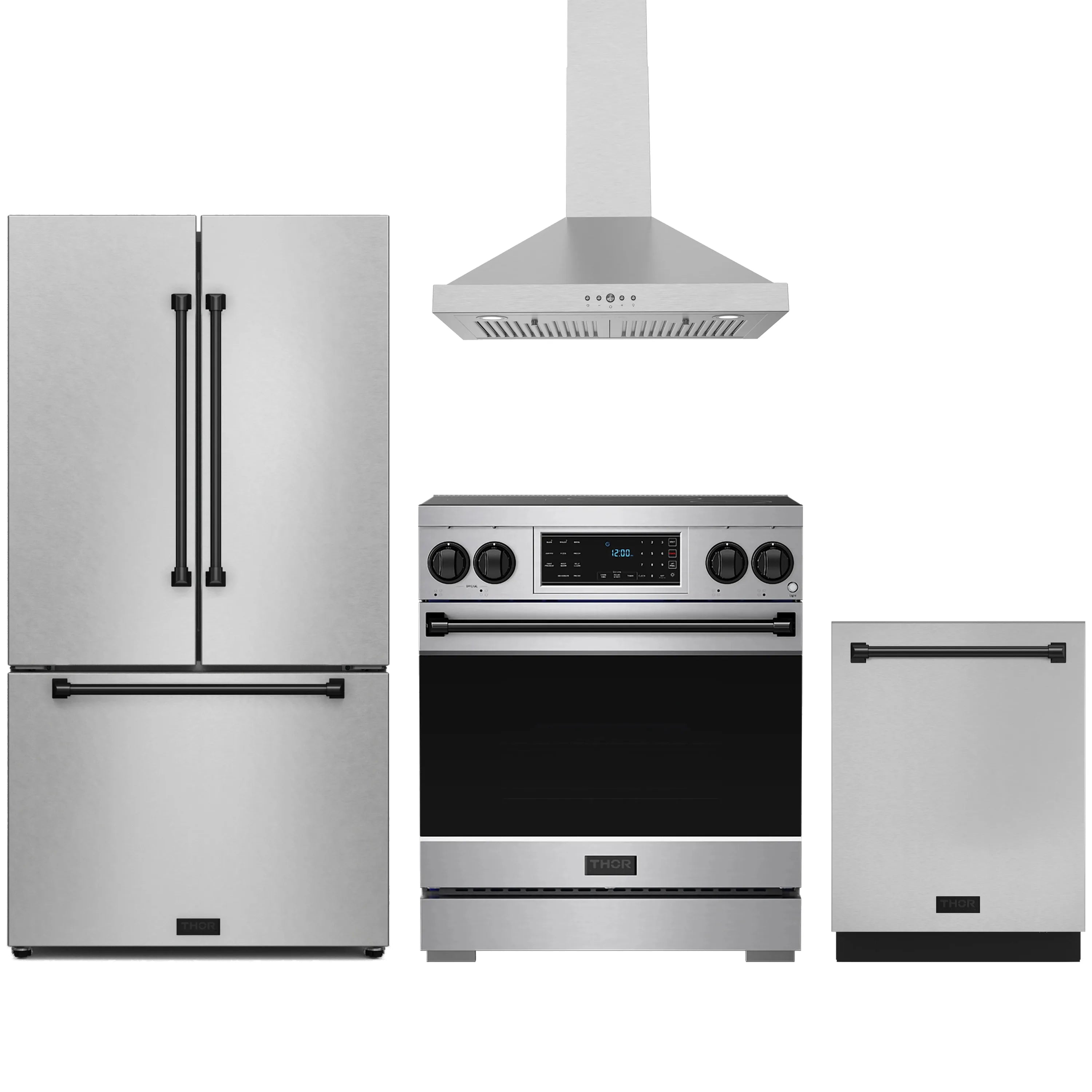 Stainless steel Thor Kitchen appliance package with 30-inch range, range hood, counter-depth refrigerator, dishwasher