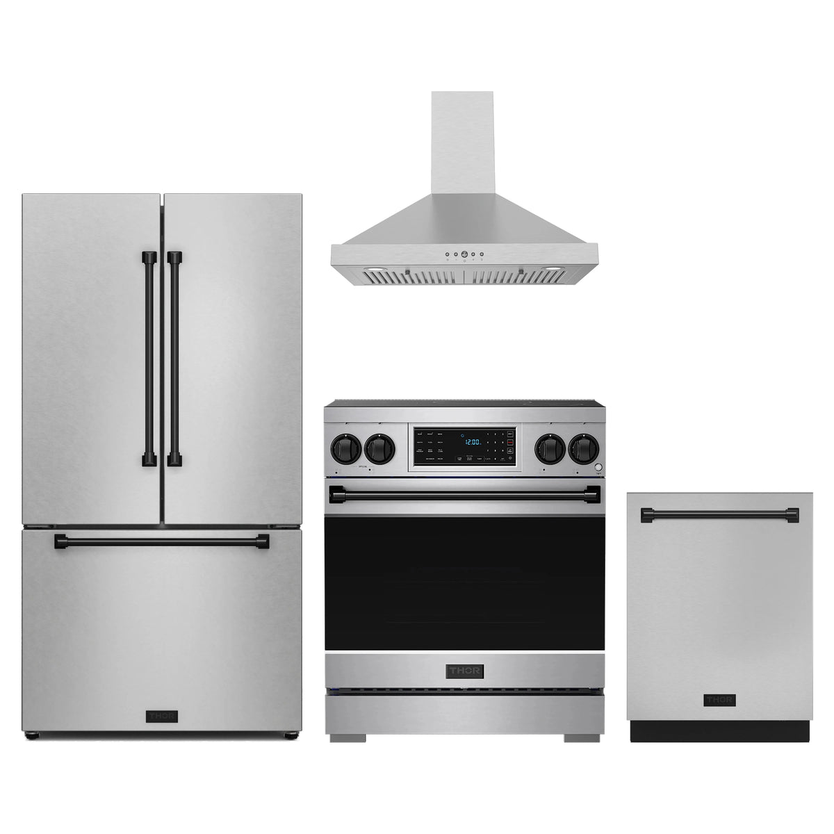 Gordon Ramsay by Thor Kitchen 4-Piece Appliance Package - 30-Inch Induction Range, Counter-Depth Refrigerator, Wall Mount Hood, & Dishwasher in Stainless Steel with Black Trim