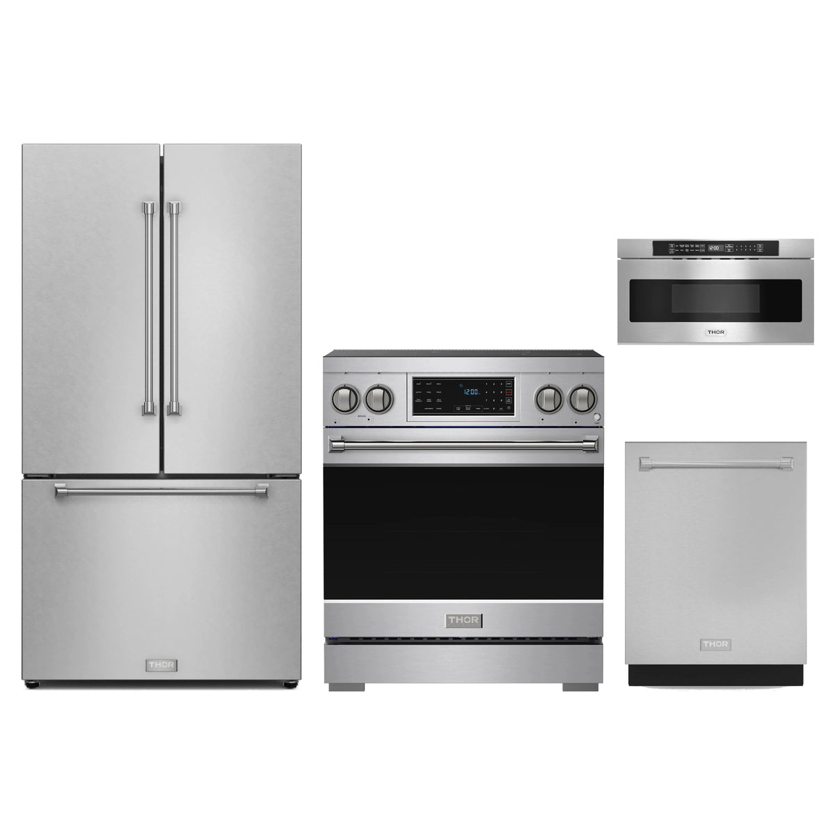 Gordon Ramsay by Thor Kitchen 4-Piece Appliance Package - 30-Inch Induction Range, Counter-Depth Refrigerator, Dishwasher, & Microwave Drawer in Stainless Steel