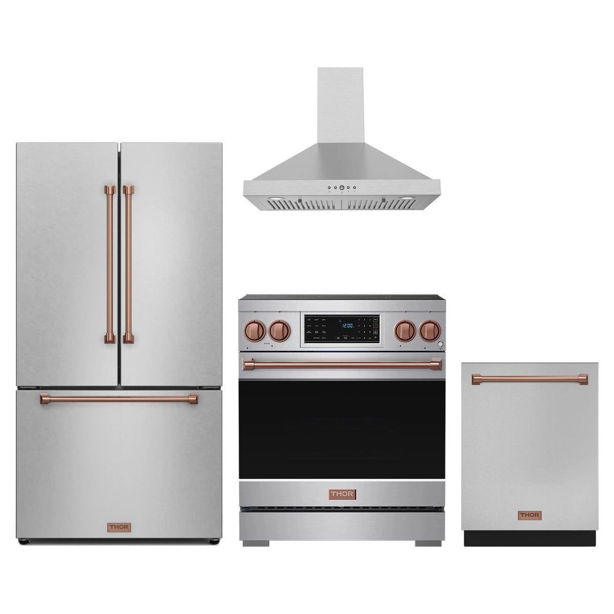 Gordon Ramsay by Thor Kitchen 4-Piece Appliance Package - 30-Inch Induction Range, Counter-Depth Refrigerator, Wall Mount Hood, & Dishwasher in Stainless Steel with Rose Gold Trim