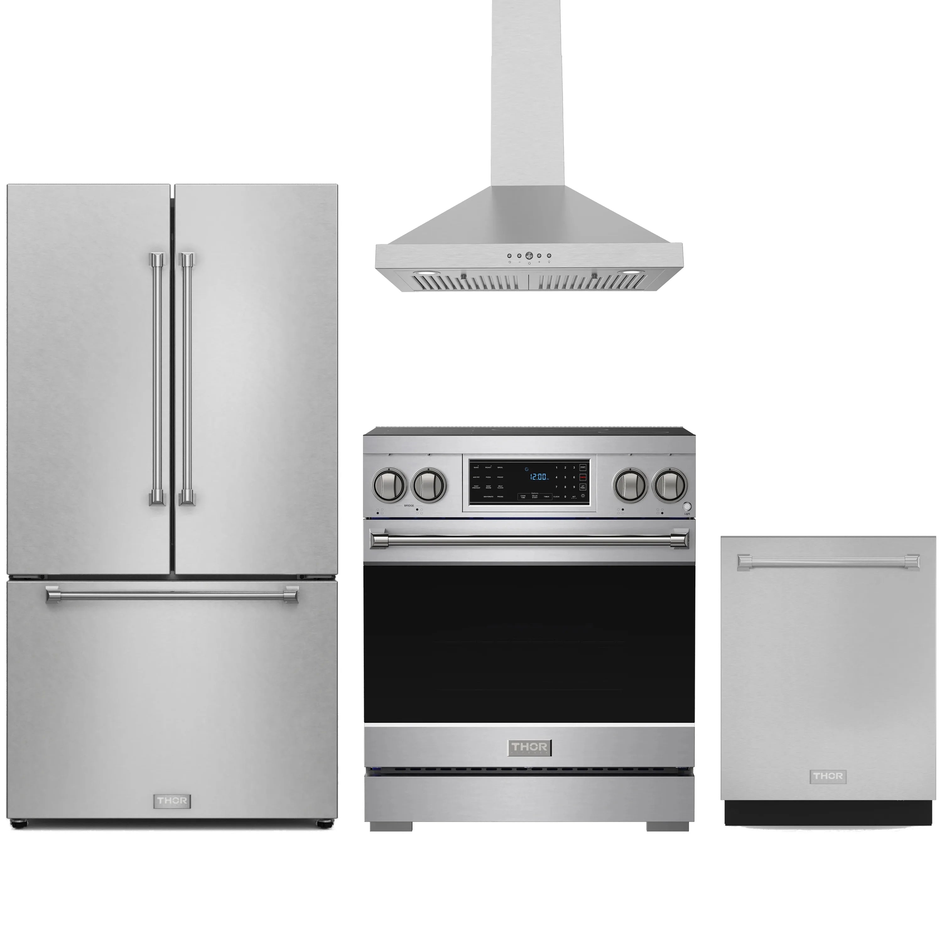 Stainless steel appliance package with refrigerator, induction range, wall hood, and dishwasher