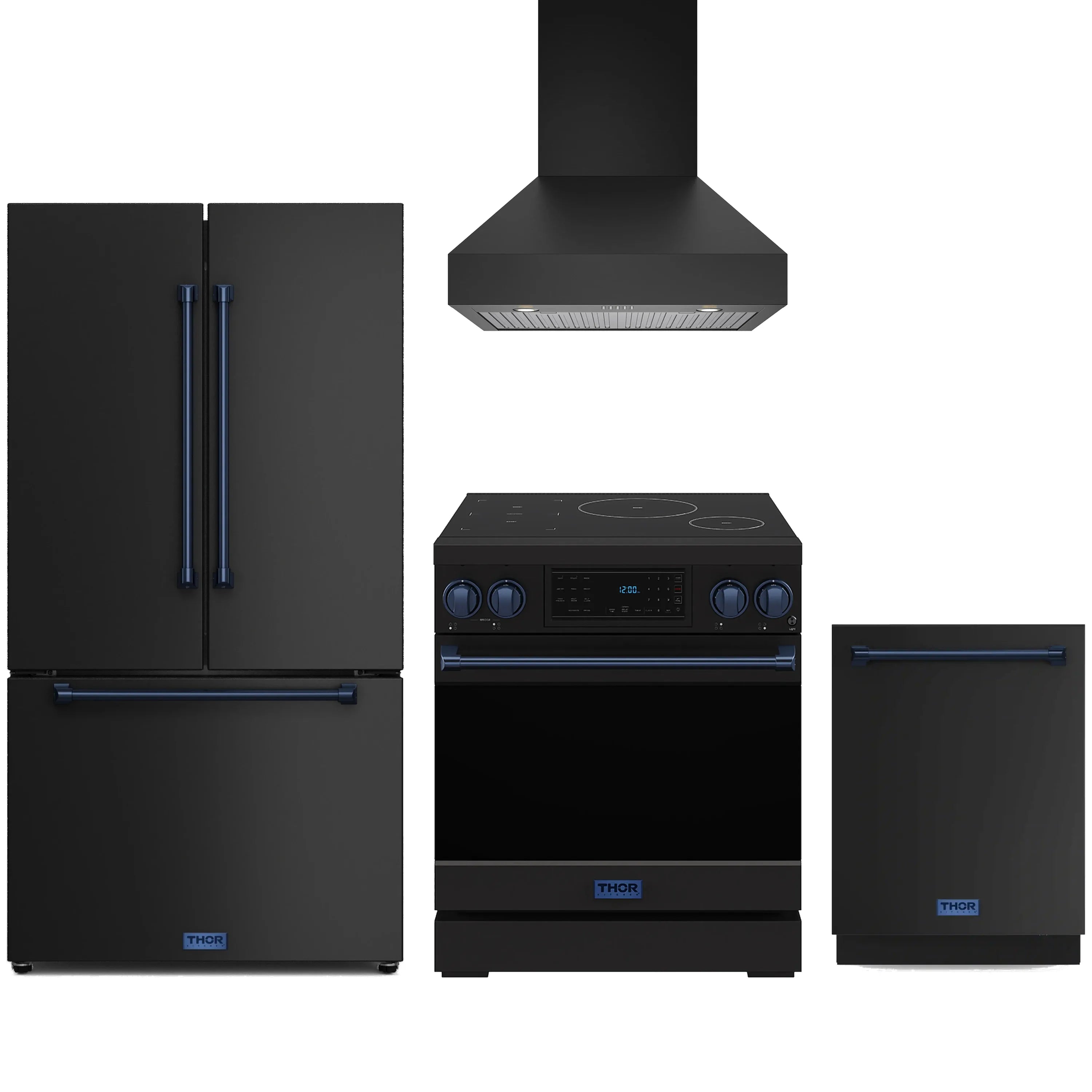 Black 4-piece appliance package: induction range, counter-depth fridge, wall hood, dishwasher