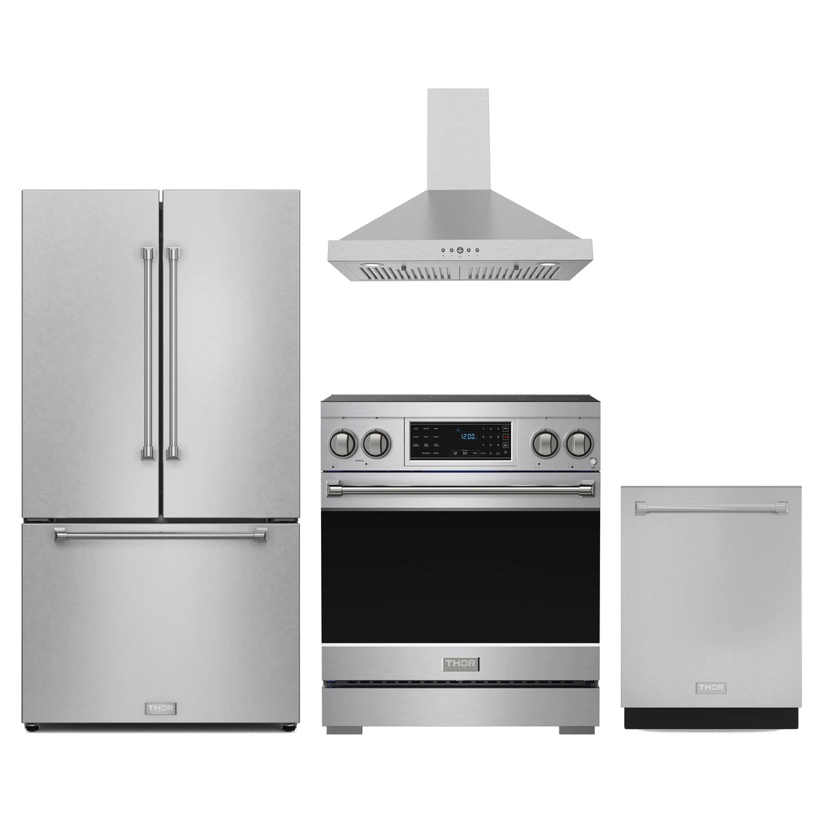 Gordon Ramsay by Thor Kitchen 4-Piece Appliance Package - 30-Inch Induction Range, Counter-Depth Refrigerator, Wall Mount Hood, & Dishwasher in Stainless Steel