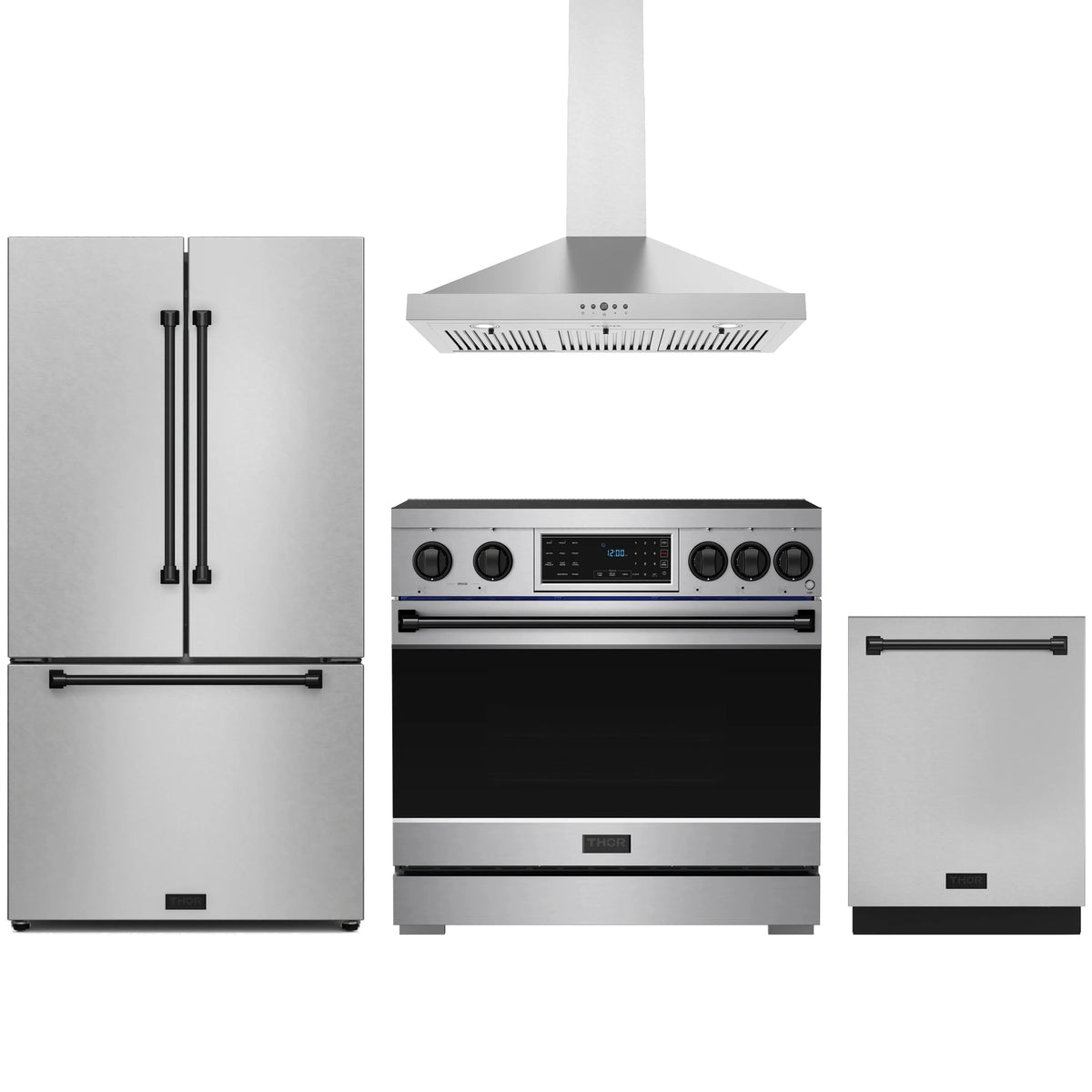 Stainless steel 4-piece appliance package with induction range, hood, refrigerator, and dishwasher