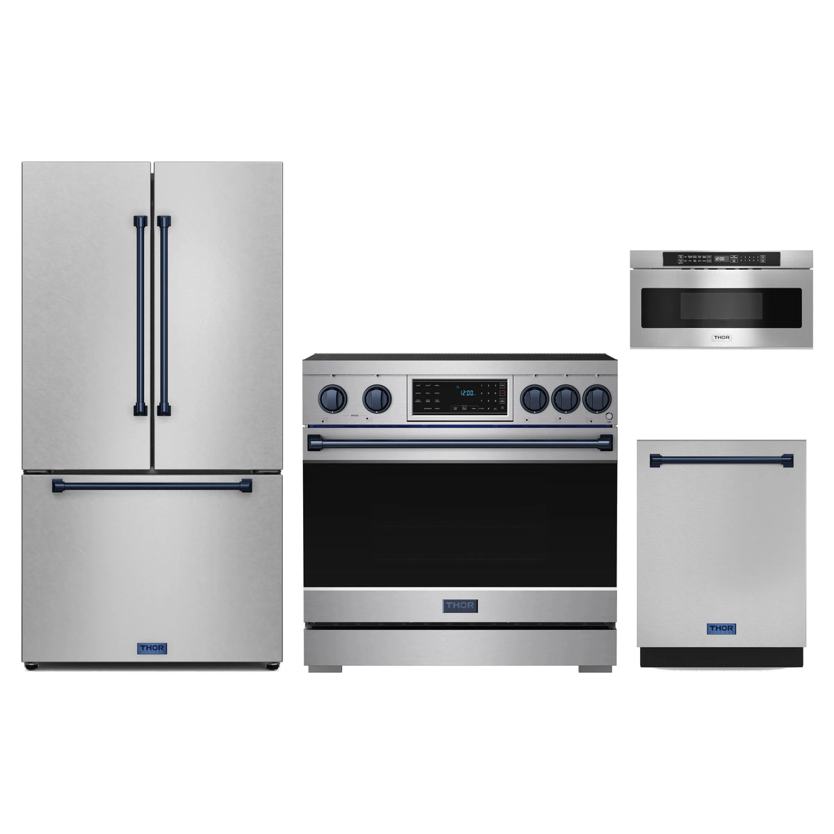 Gordon Ramsay by Thor Kitchen 4-Piece Appliance Package - 36-Inch Induction Range, Counter-Depth Refrigerator, Dishwasher, & Microwave Drawer in Stainless Steel with Blue Trim
