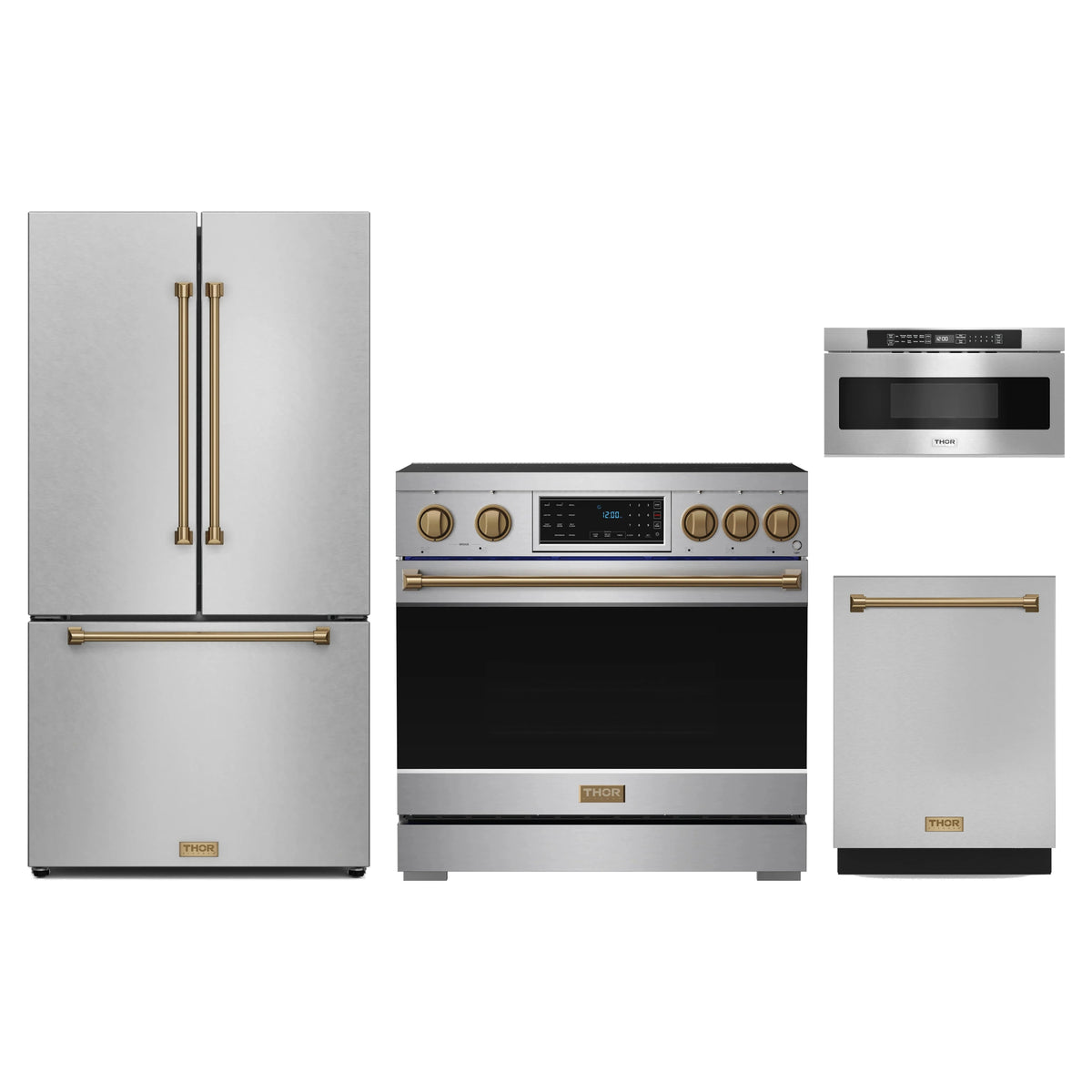 Gordon Ramsay by Thor Kitchen 4-Piece Appliance Package - 36-Inch Induction Range, Counter-Depth Refrigerator, Dishwasher, & Microwave Drawer in Stainless Steel with Bronze Trim
