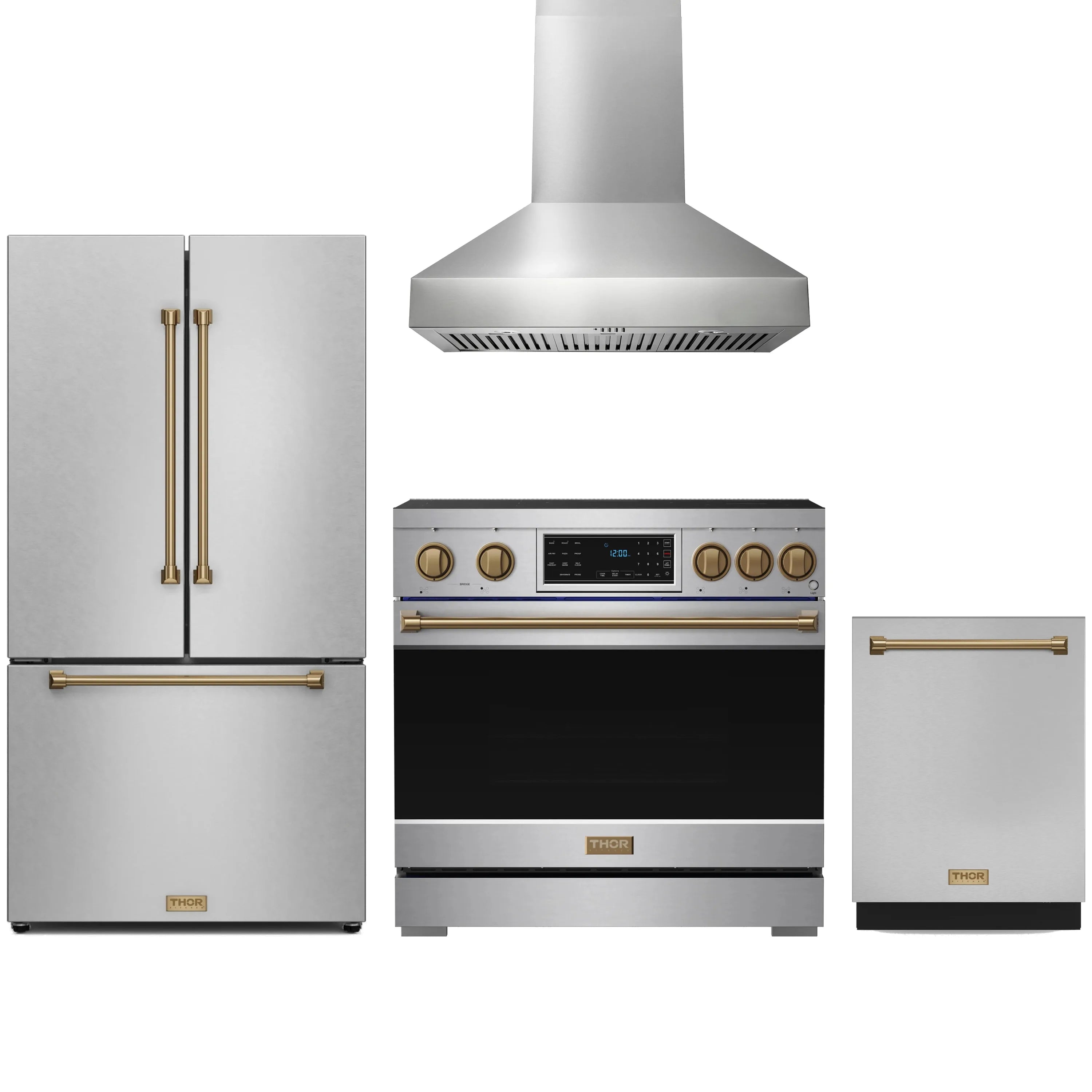 Stainless appliance package with bronze-trim fridge, induction range, hood, and dishwasher