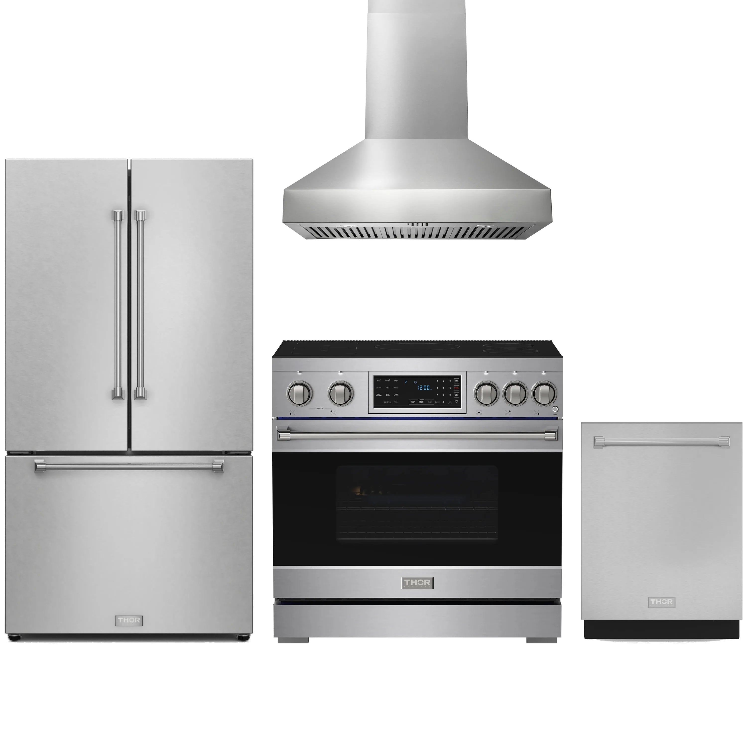 Stainless steel 4-piece appliance package with refrigerator, induction range, hood, dishwasher