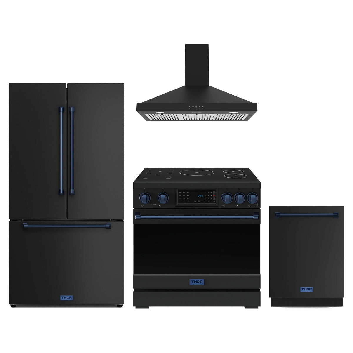 Gordon Ramsay by Thor Kitchen 4-Piece Appliance Package - 36-Inch Induction Range, Counter-Depth Refrigerator, Wall Mount Hood, & Dishwasher in Matte Black with Blue Trim