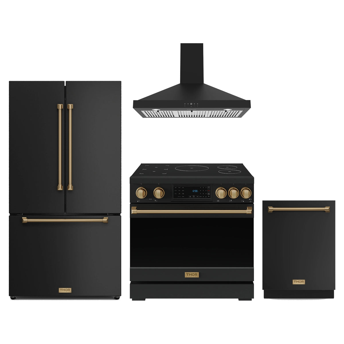 Gordon Ramsay by Thor Kitchen 4-Piece Appliance Package - 36-Inch Induction Range, Counter-Depth Refrigerator, Wall Mount Hood, & Dishwasher in Matte Black with Bronze Trim