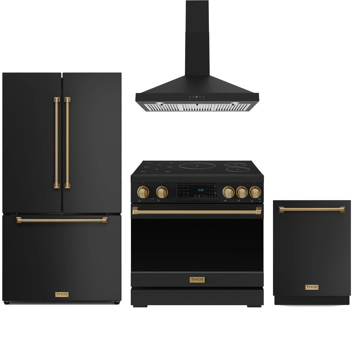 Black appliance package with induction range, refrigerator, wall hood, and dishwasher