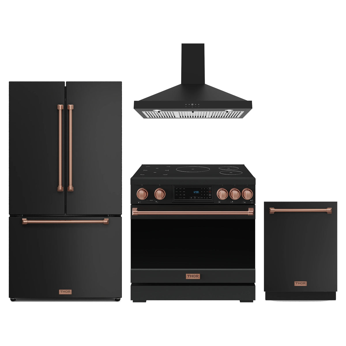 Gordon Ramsay by Thor Kitchen 4-Piece Appliance Package - 36-Inch Induction Range, Counter-Depth Refrigerator, Wall Mount Hood, & Dishwasher in Matte Black with Rose Gold Trim