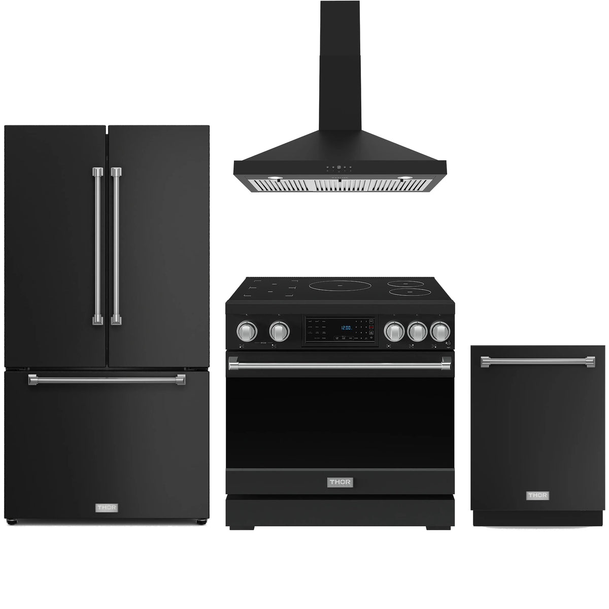 Black 4-piece appliance package with stainless trim: range, refrigerator, dishwasher, and hood