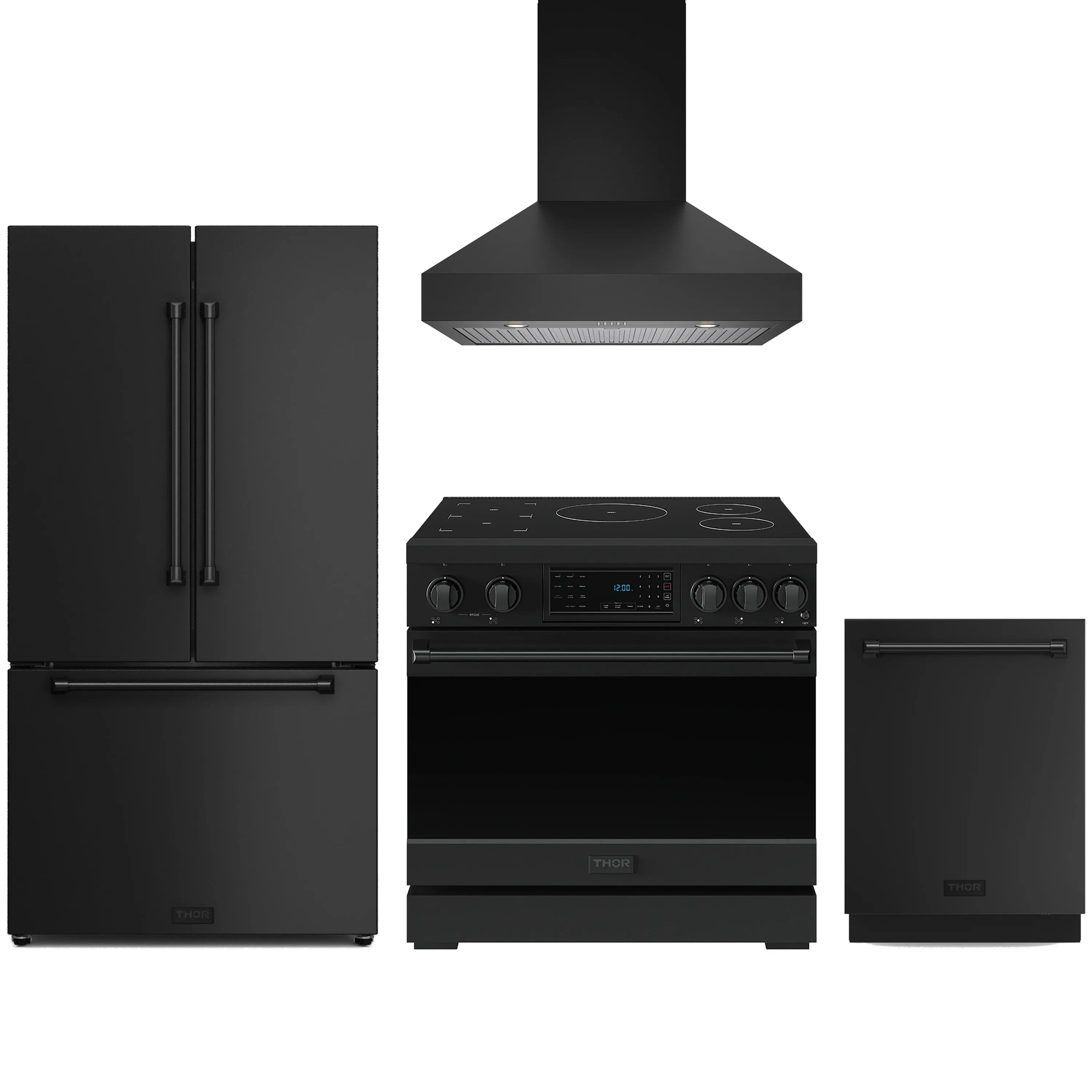 Black induction range set with counter-depth refrigerator, wall hood, and dishwasher