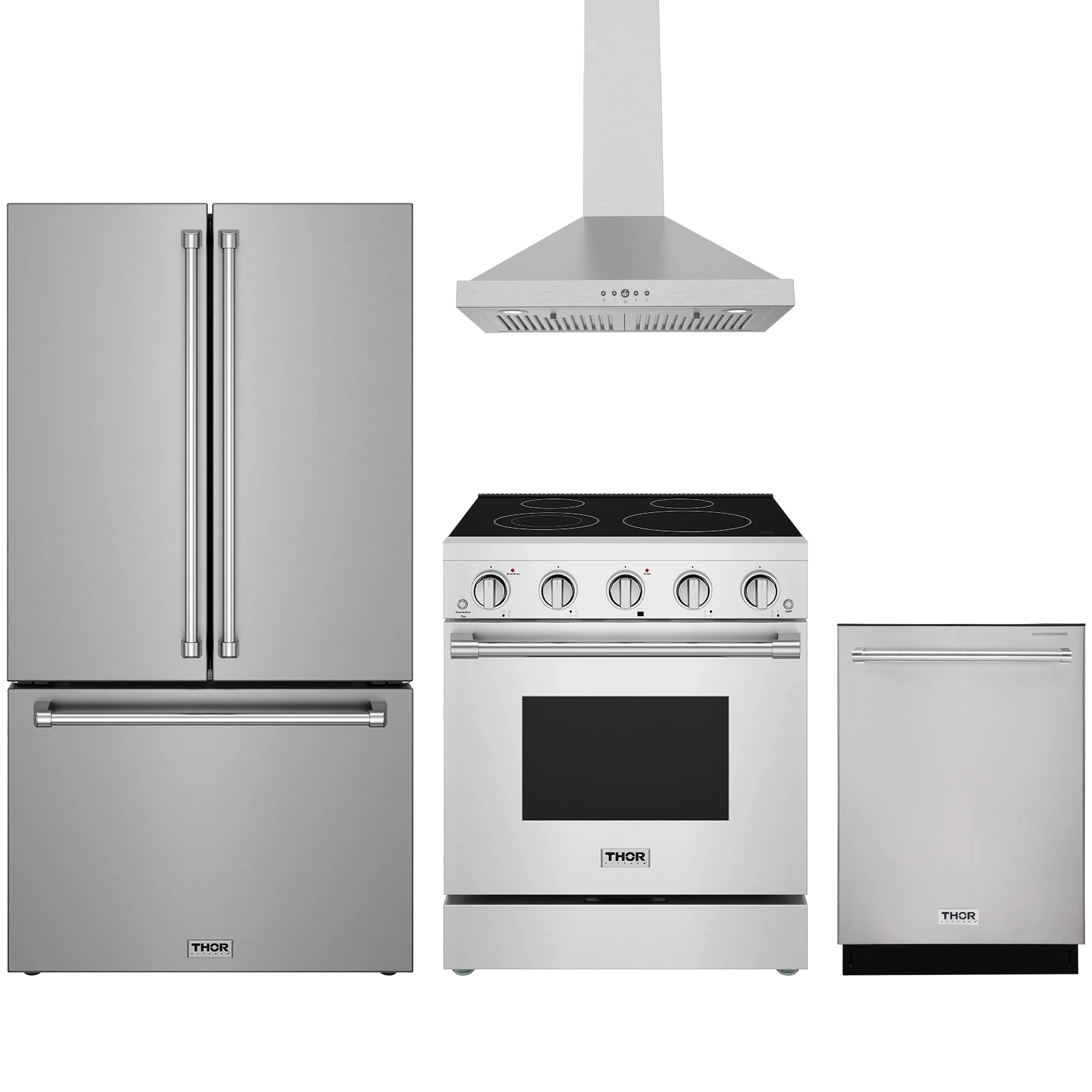 Stainless steel kitchen appliance set with refrigerator, range, hood, and dishwasher