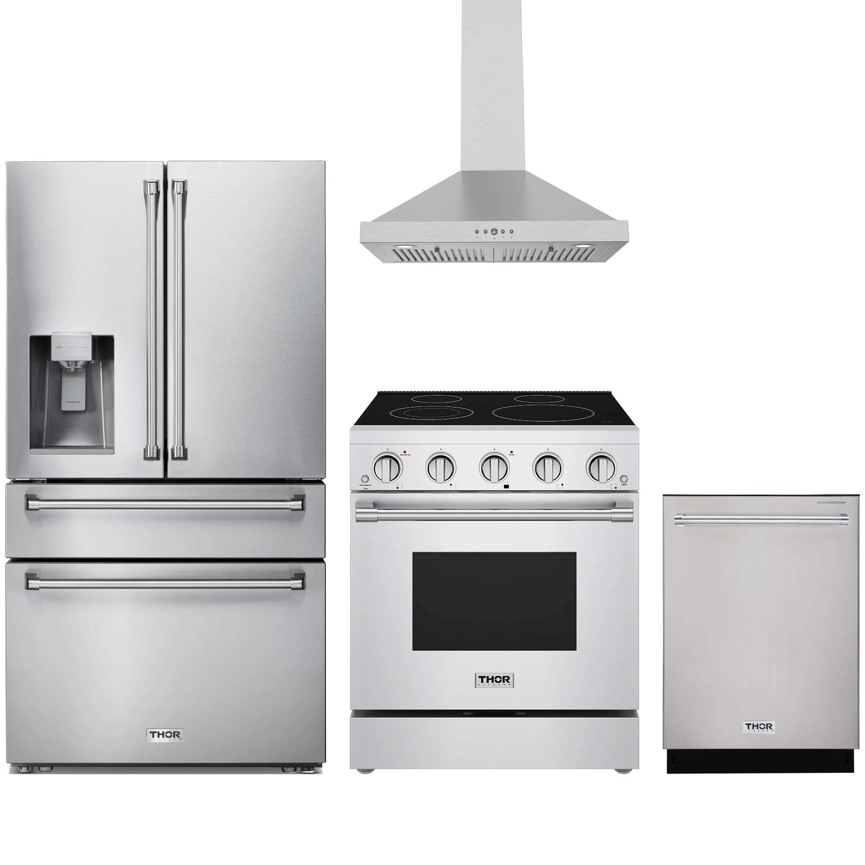 Stainless steel kitchen appliance set with refrigerator, range, hood, and dishwasher