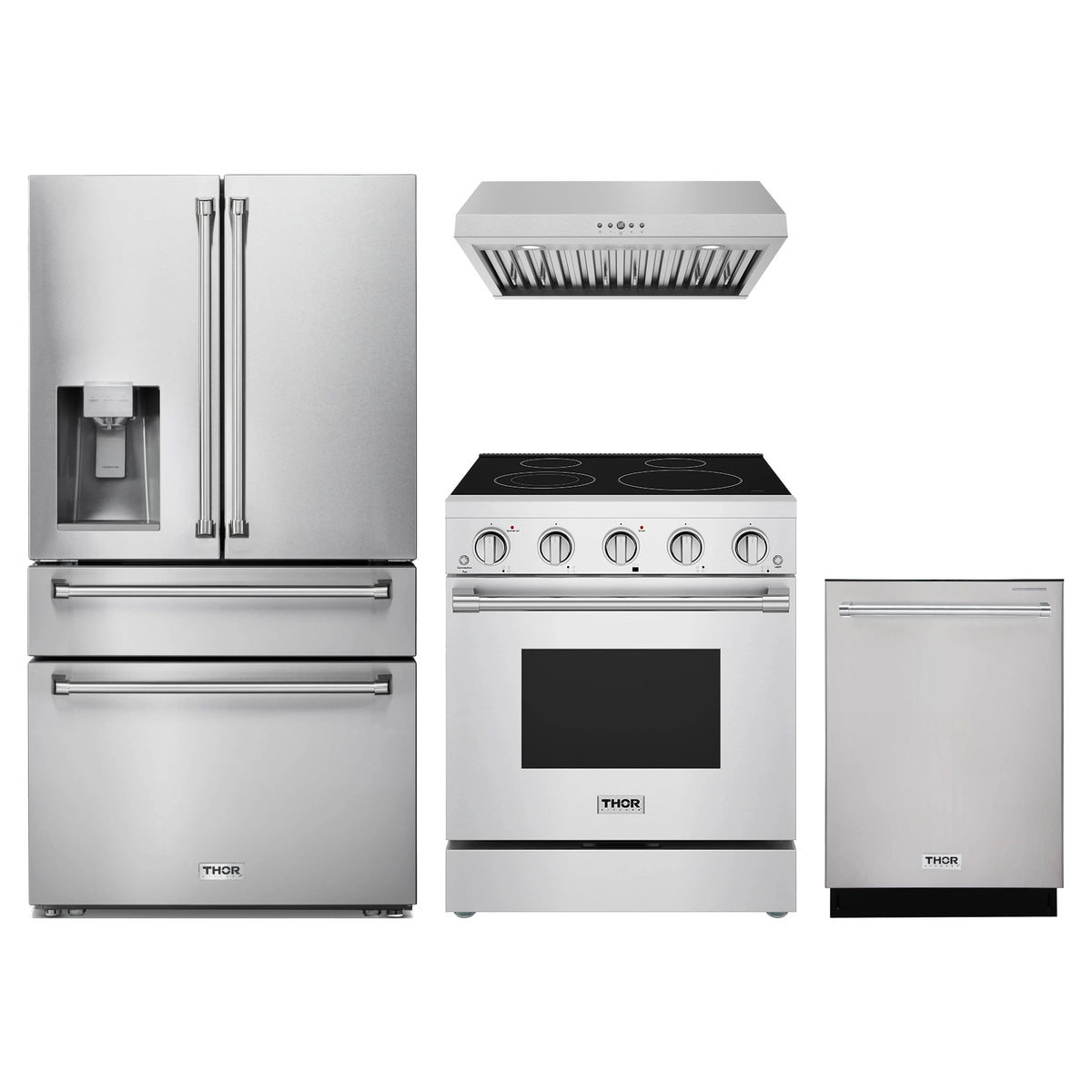 Thor Kitchen 4-Piece Appliance Package - 30-Inch Electric Range, Refrigerator with Water Dispenser, Under Cabinet Hood, & Dishwasher in Stainless Steel