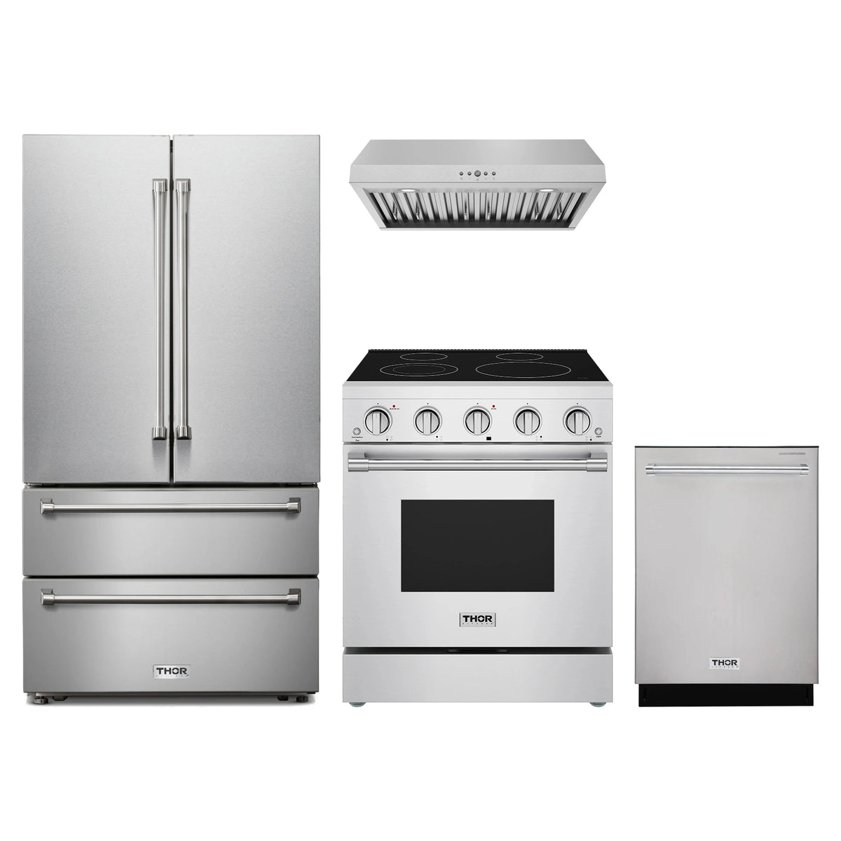 Thor Kitchen 4-Piece Appliance Package - 30-Inch Electric Range, French Door Refrigerator, Under Cabinet Hood, & Dishwasher in Stainless Steel