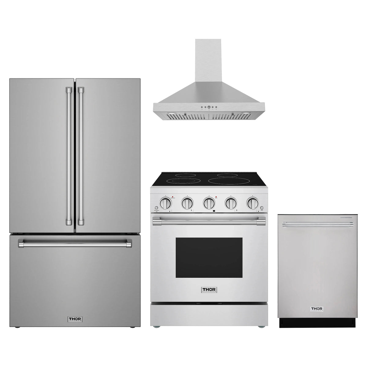 Thor Kitchen 4-Piece Appliance Package - 30-Inch Electric Range, Counter-Depth Refrigerator, Wall Mount Hood, & Dishwasher in Stainless Steel