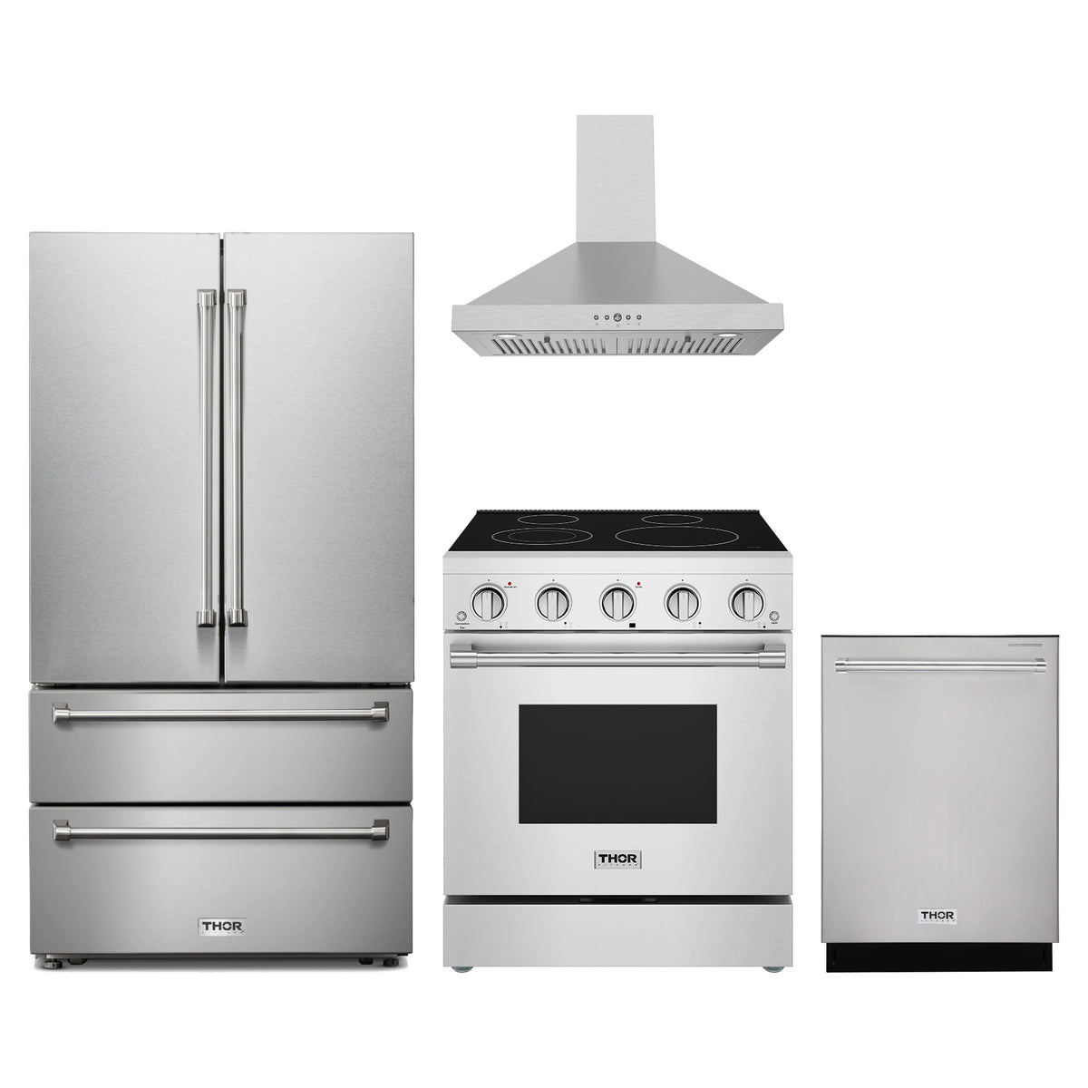 Thor Kitchen 4-Piece Appliance Package - 30-Inch Electric Range, French Door Refrigerator, Wall Mount Hood, & Dishwasher in Stainless Steel