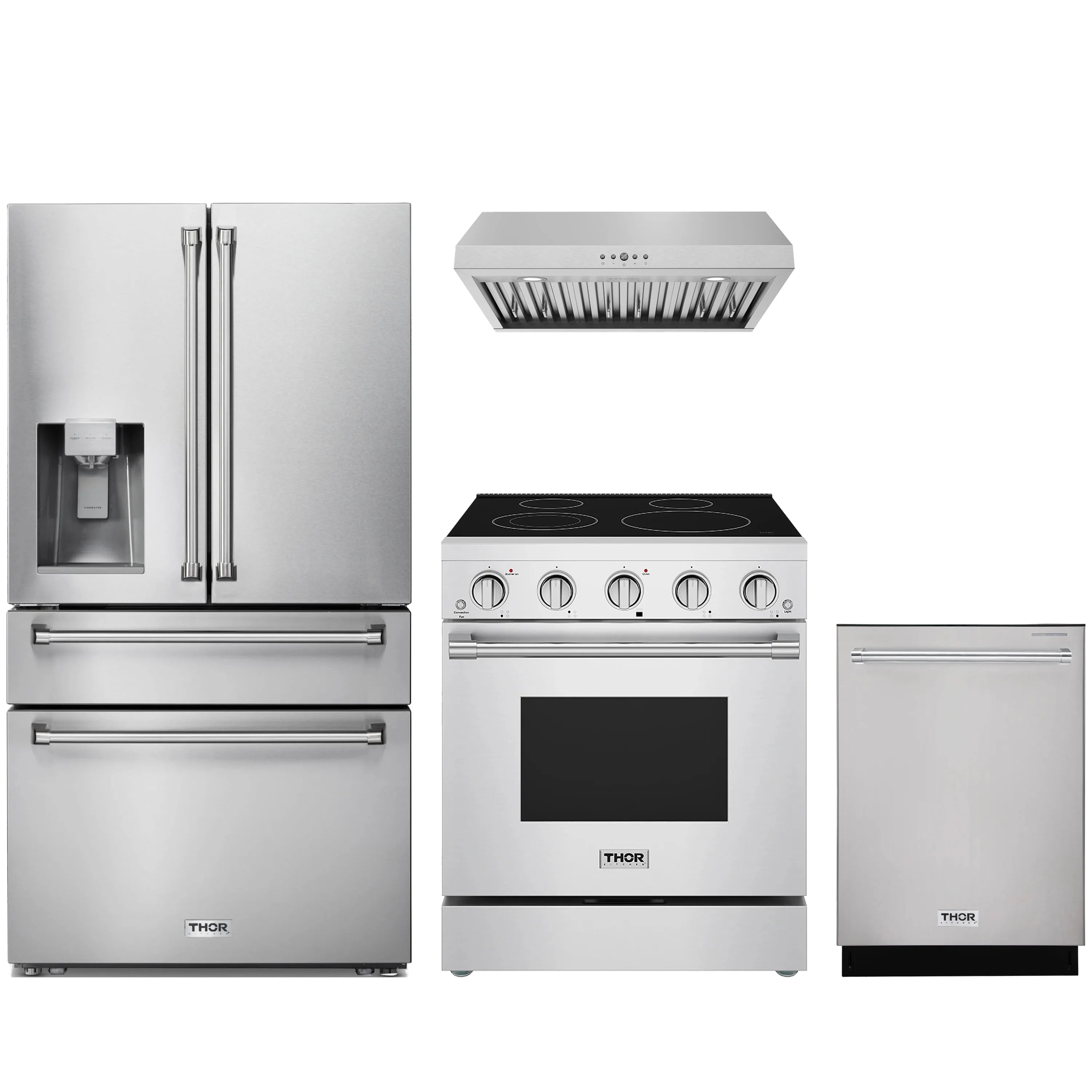 Stainless steel kitchen appliance set with electric range, hood, and dishwasher