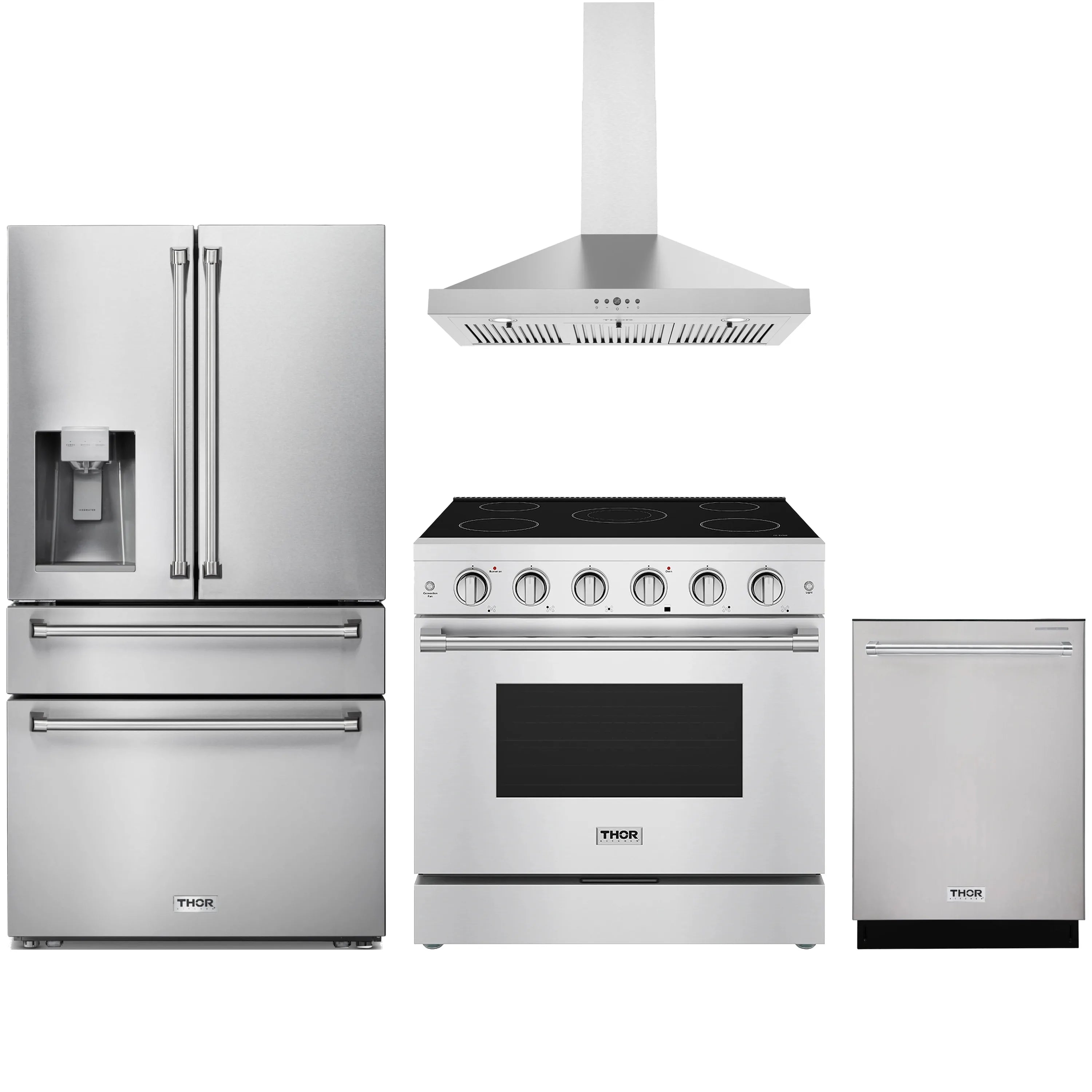 4-piece stainless appliance package: electric range, wall hood, refrigerator, dishwasher