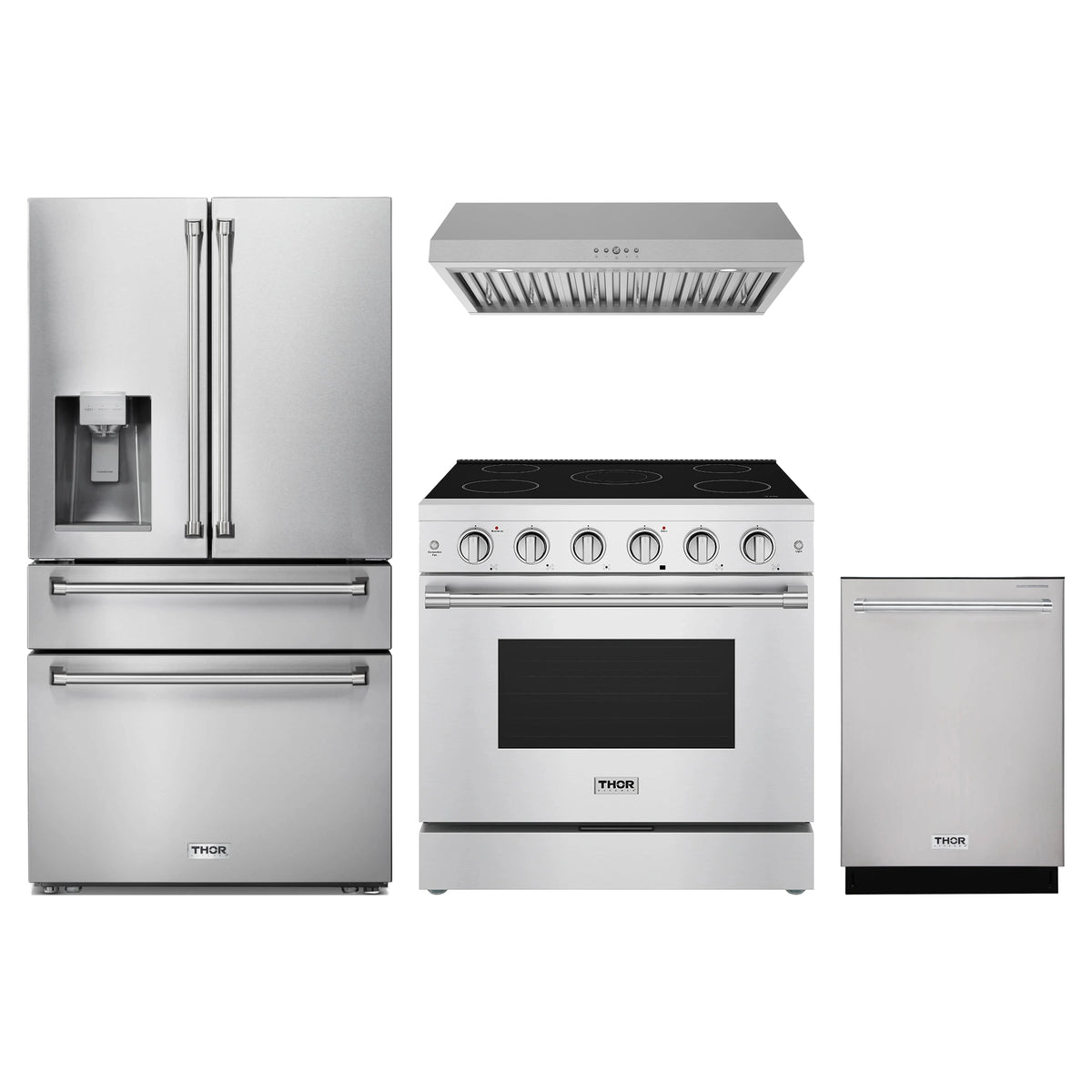 Thor Kitchen 4-Piece Appliance Package - 36-Inch Electric Range, Refrigerator with Water Dispenser, Under Cabinet Hood, & Dishwasher in Stainless Steel