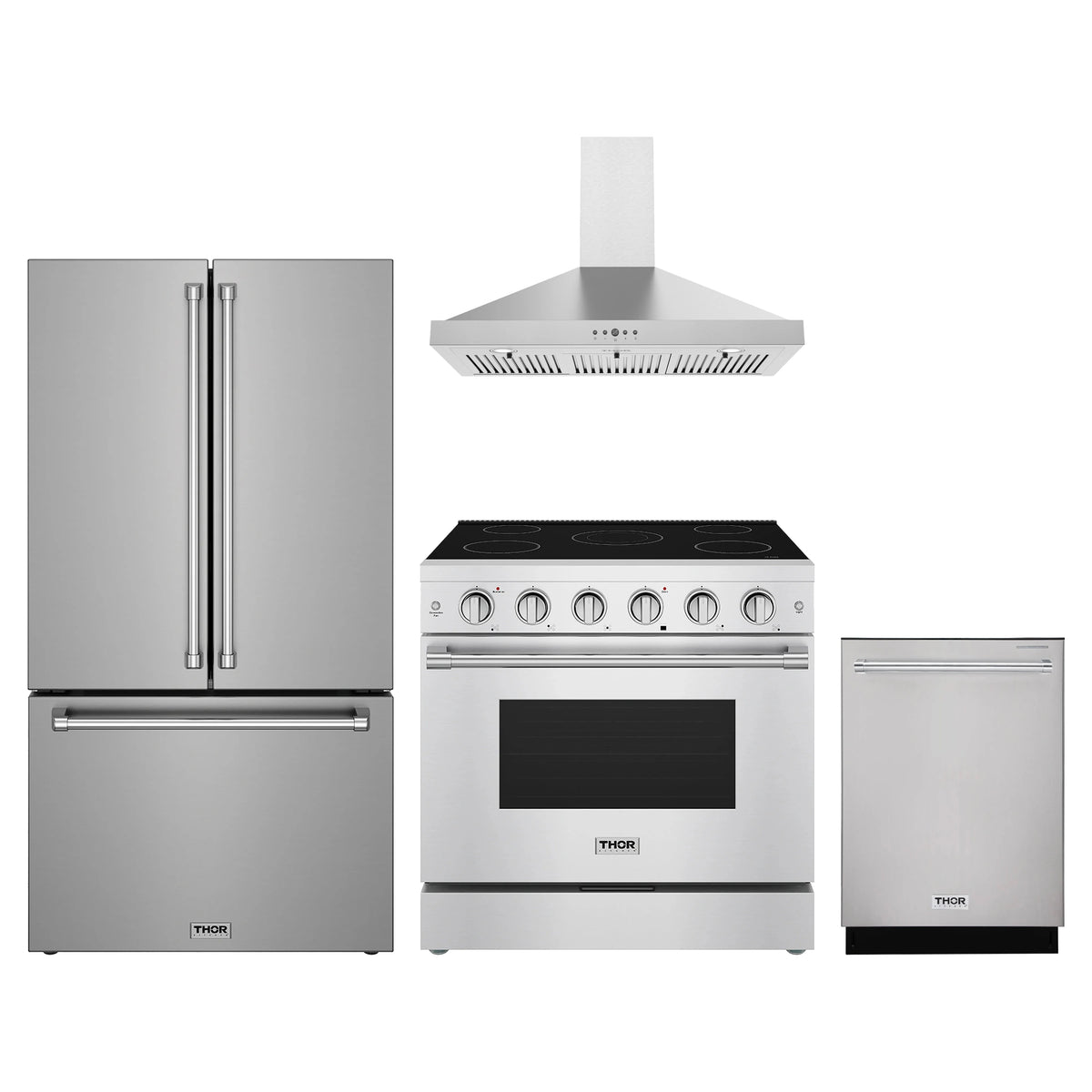 Thor Kitchen 4-Piece Appliance Package - 36-Inch Electric Range, Counter-Depth Refrigerator, Wall Mount Hood, & Dishwasher in Stainless Steel