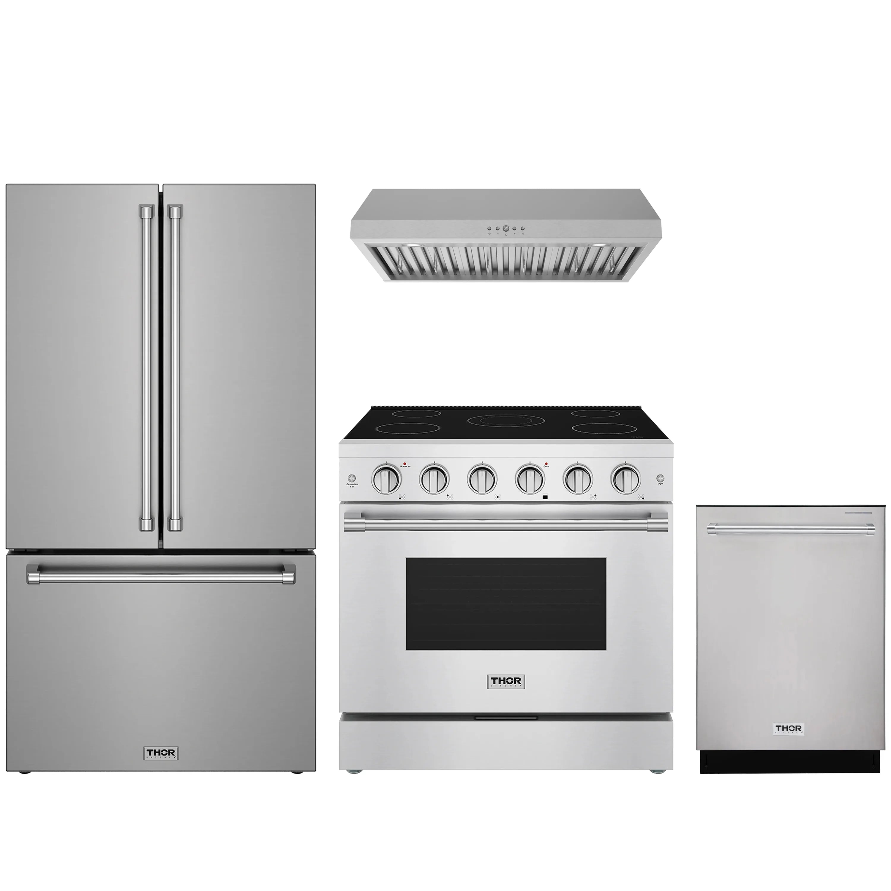 Stainless steel appliance package with refrigerator, electric range, hood, and dishwasher
