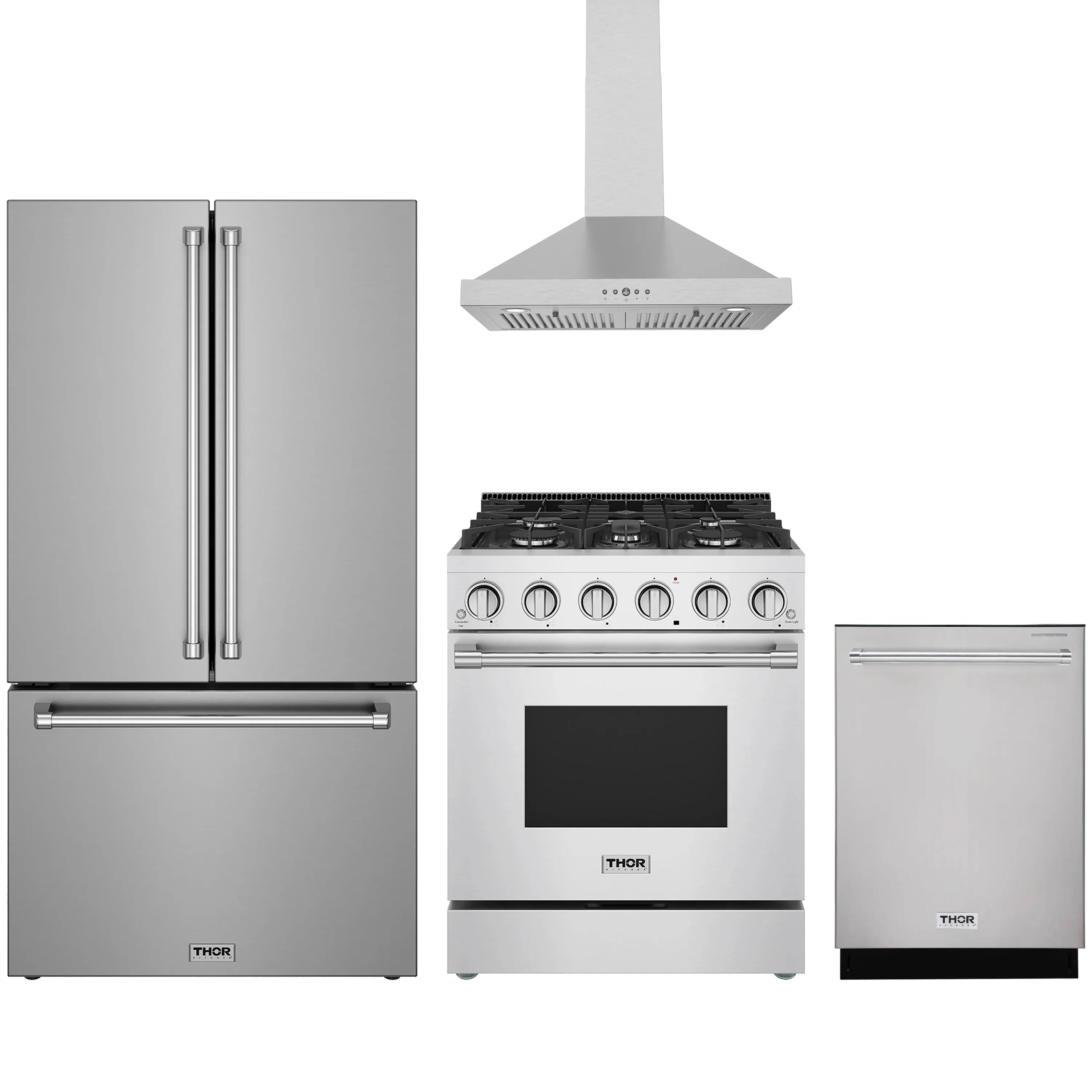 Stainless steel appliance package: refrigerator, range, hood, and dishwasher
