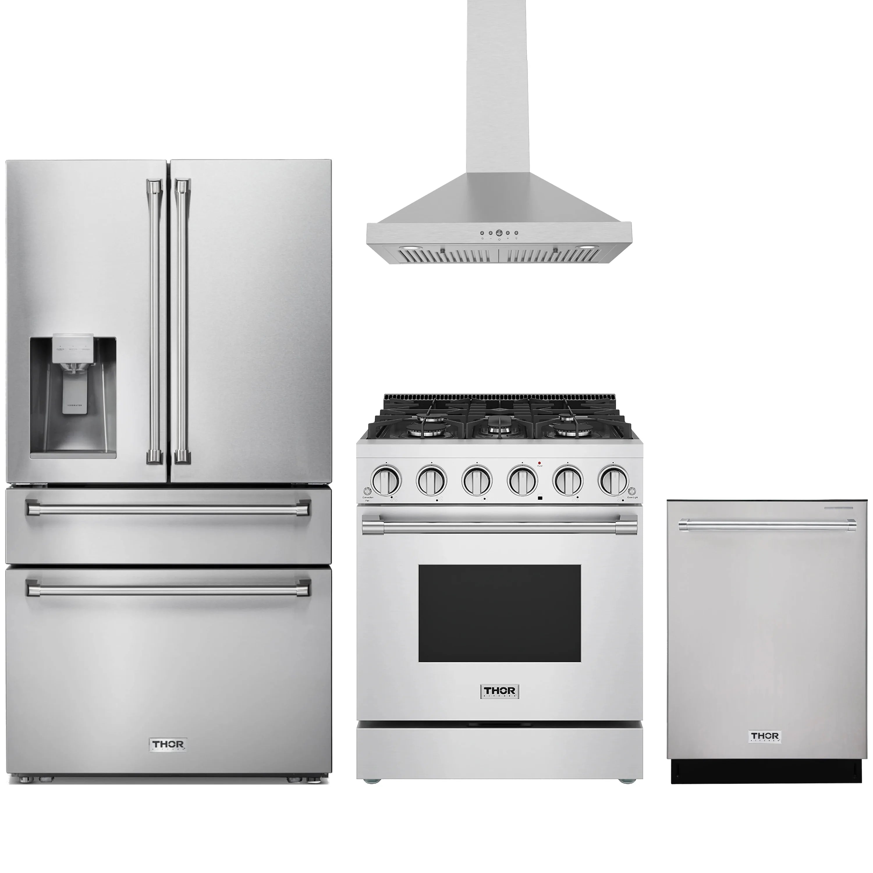Stainless steel appliance set: refrigerator, propane gas range, wall hood, dishwasher