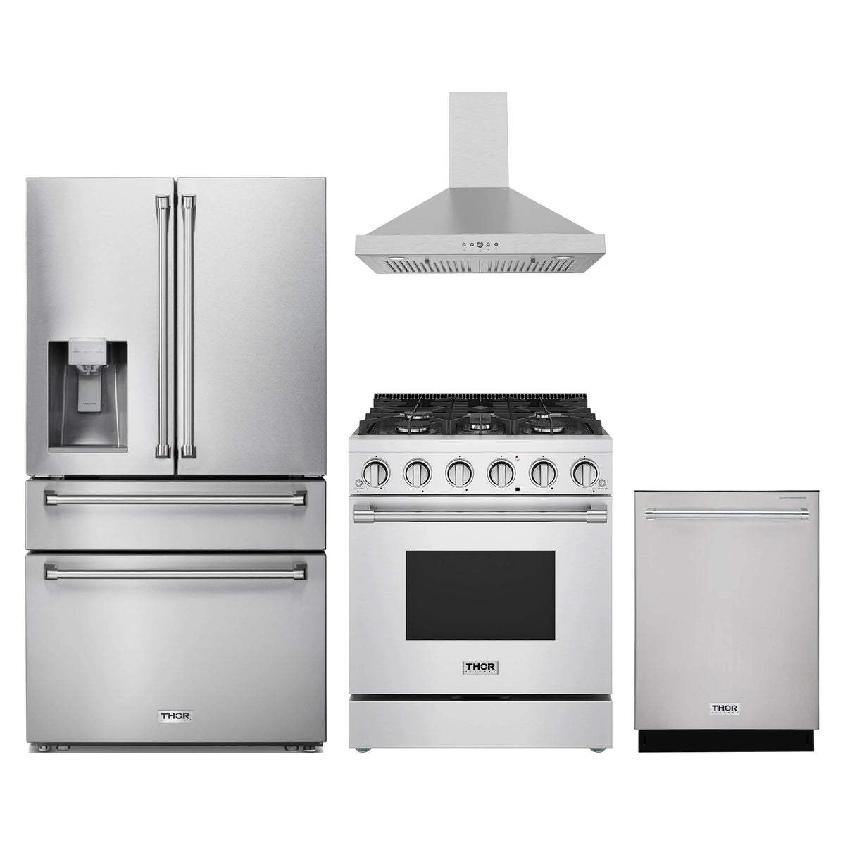 Thor Kitchen 4-Piece Appliance Package - 30-Inch Natural Gas Range, Refrigerator with Water Dispenser, Wall Mount Hood, & Dishwasher in Stainless Steel