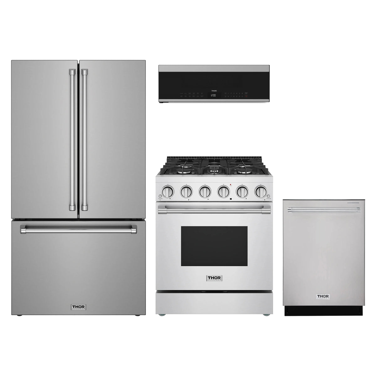 Thor Kitchen 4-Piece Appliance Package - 30-Inch Propane Gas Range, Counter-Depth Refrigerator, Dishwasher, & Over-the-Range Microwave in Stainless Steel