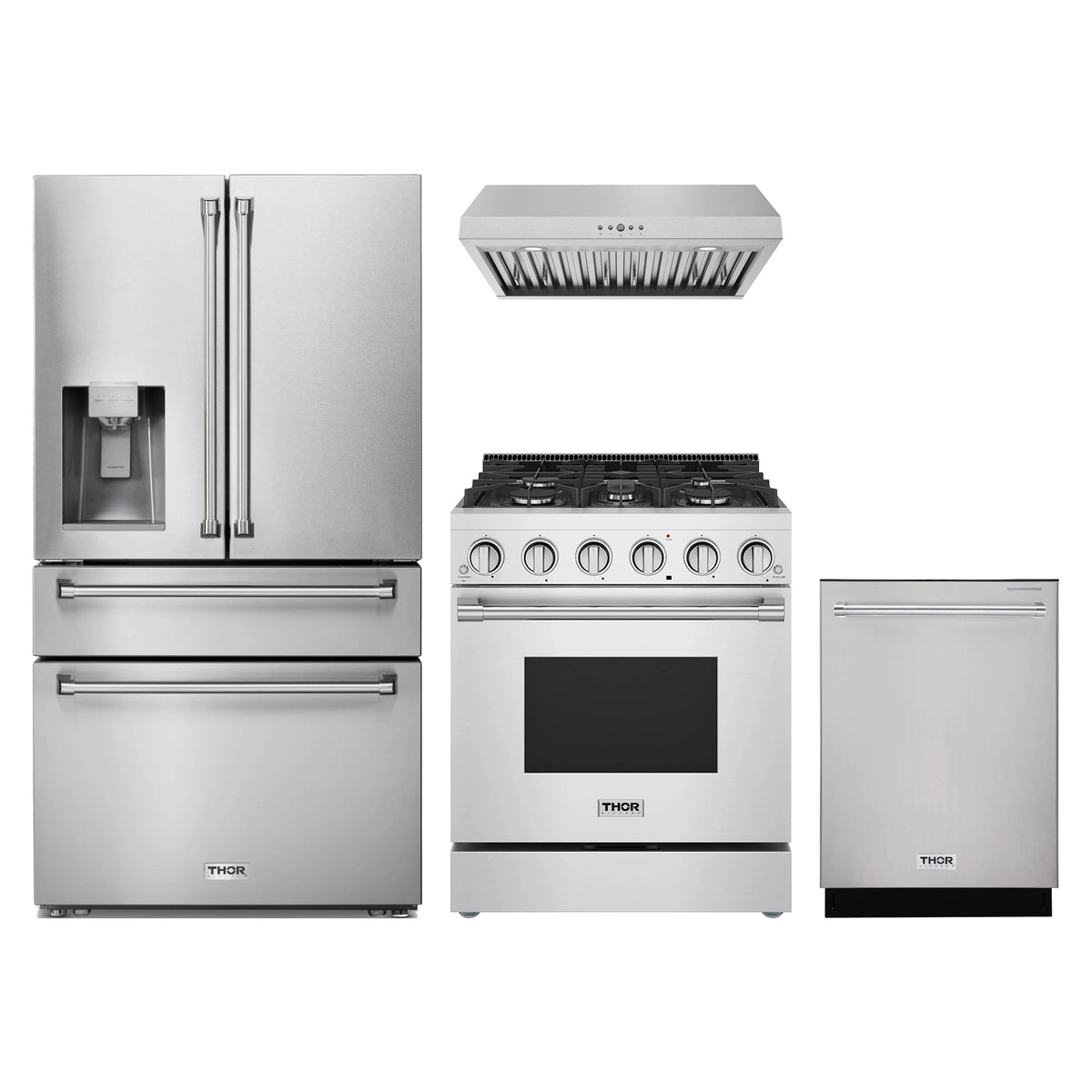 Thor Kitchen 4-Piece Appliance Package - 30-Inch Propane Gas Range, Refrigerator with Water Dispenser, Under Cabinet Hood, & Dishwasher in Stainless Steel