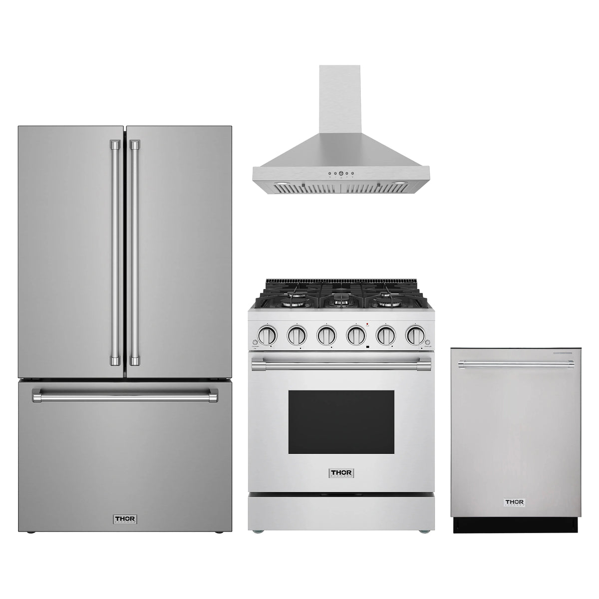 Thor Kitchen 4-Piece Appliance Package - 30-Inch Propane Gas Range, Counter-Depth Refrigerator, Wall Mount Hood, & Dishwasher in Stainless Steel