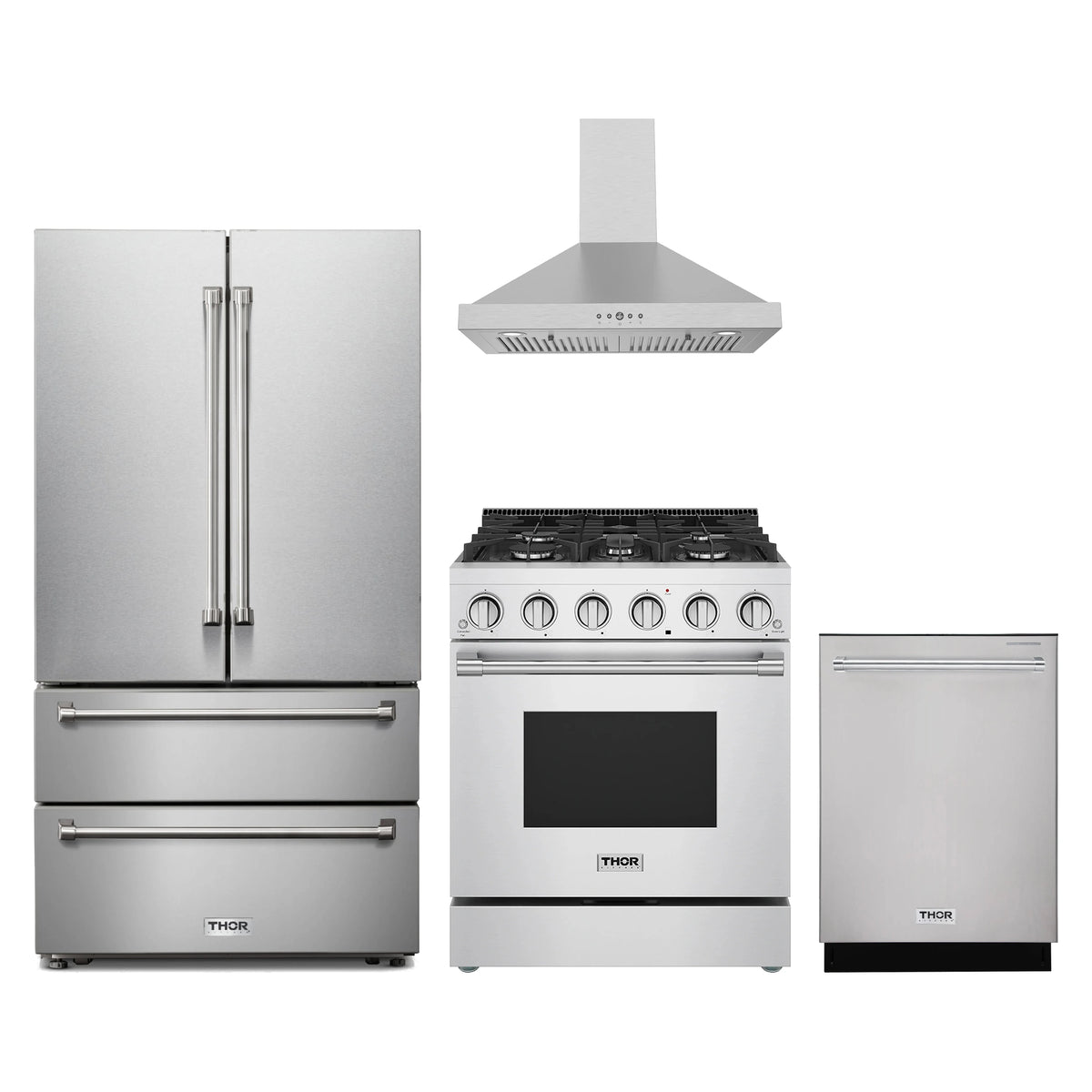 Thor Kitchen 4-Piece Appliance Package - 30-Inch Propane Gas Range, French Door Refrigerator, Wall Mount Hood, & Dishwasher in Stainless Steel