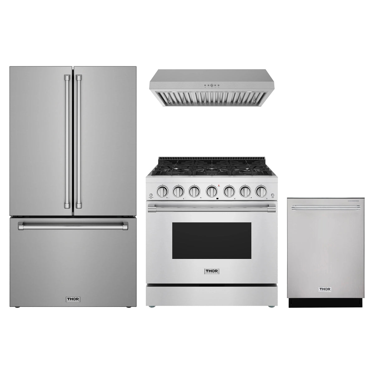 Thor Kitchen 4-Piece Appliance Package - 36-Inch Natural Gas Range, Counter-Depth Refrigerator, Under Cabinet Hood, & Dishwasher in Stainless Steel